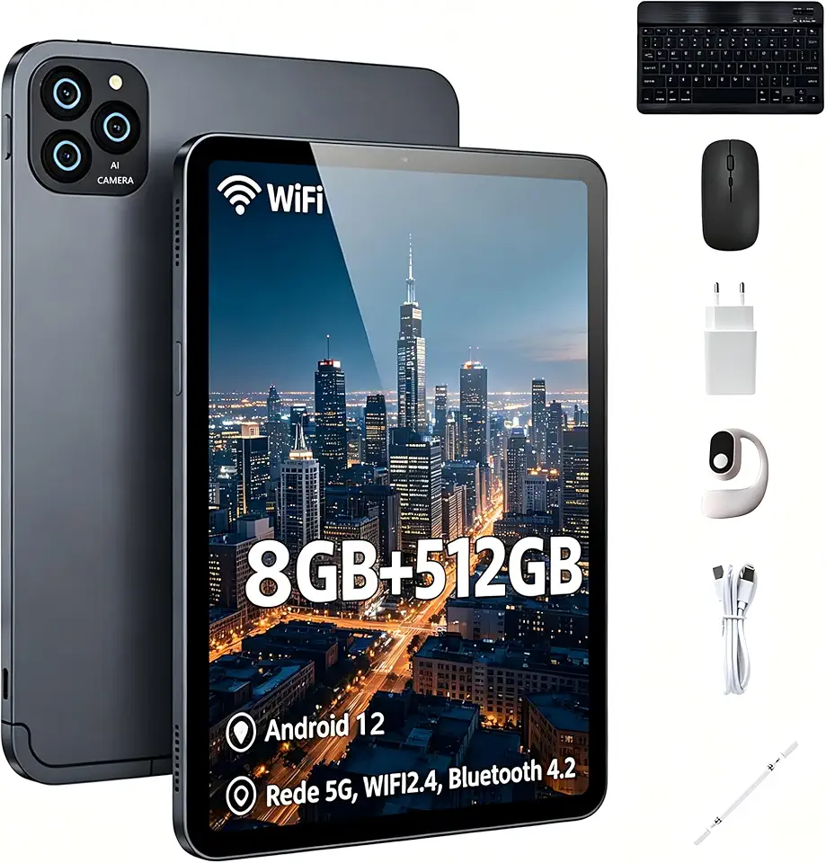 Tablet A-Tab8 10.1" Android 12, 8GB RAM 512GB ROM, 10000mAh, Câmera Dupla, Wi-Fi 5G - Kit com Teclado, Mouse e Stylus