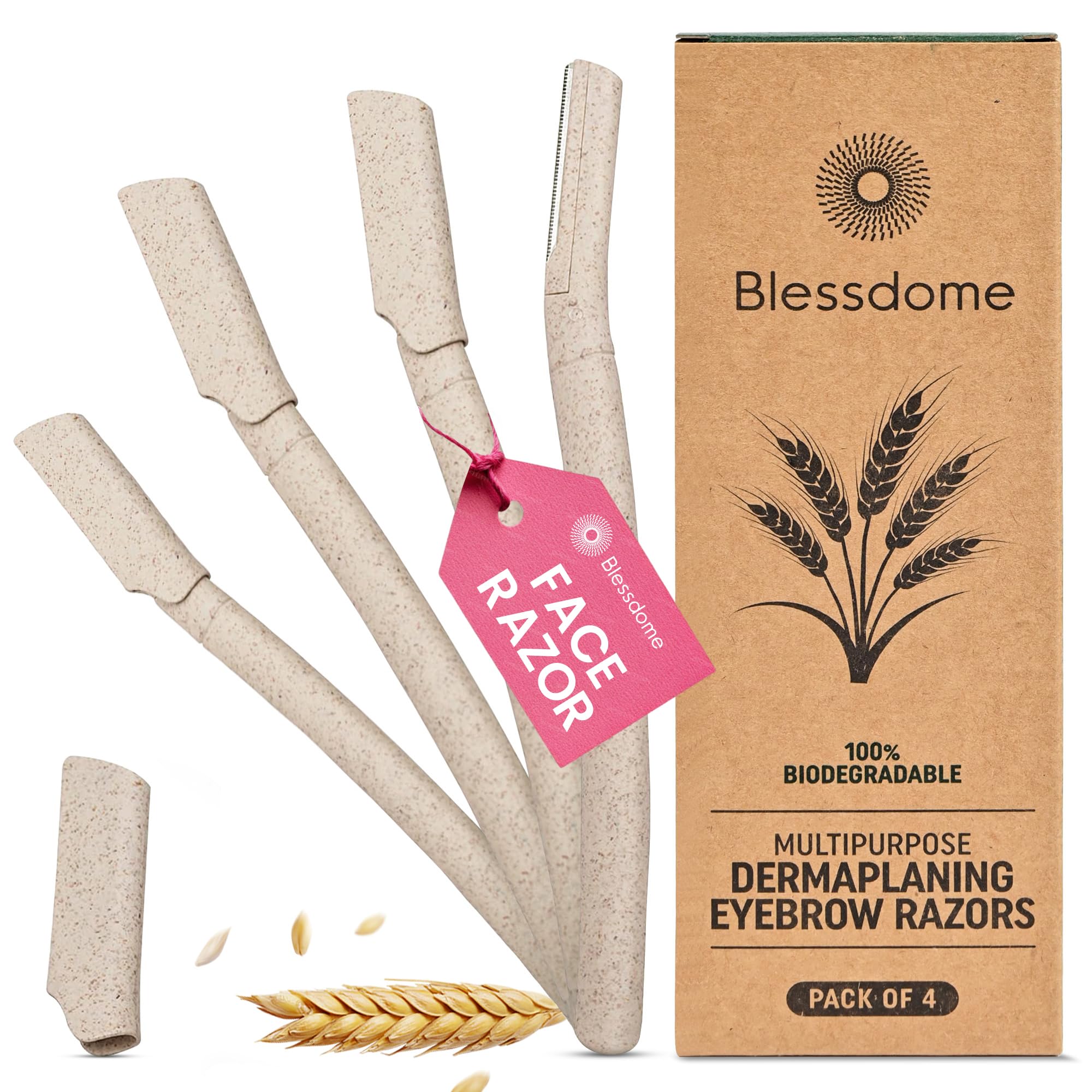 4Pcs Biodegradable Wheat Straw Eyebrow Razor Shaper for Women | Peach Fuzz & Facial Hair Remover and Trimmer | Exfoliating Dermaplane Tool |Eco-Friendly Dermaplaning Blades for Face