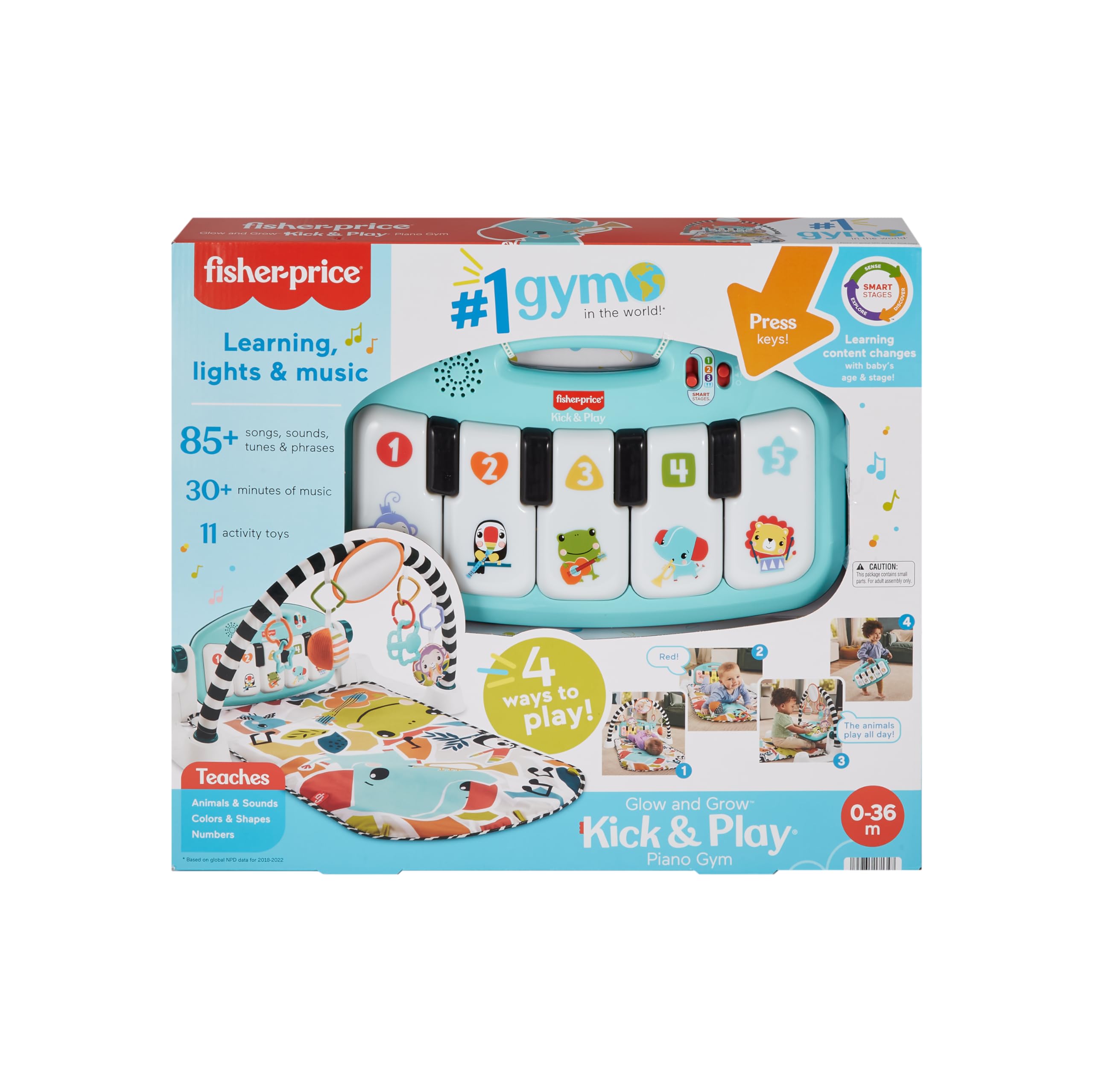 Fisher-Price Niebieska muzyczna i świecąca mata fortepianowa, przenośna, 4 tryby gry progresywne budzenie, wersja francuska, zabawka dla dzieci, od urodzenia, HWY56