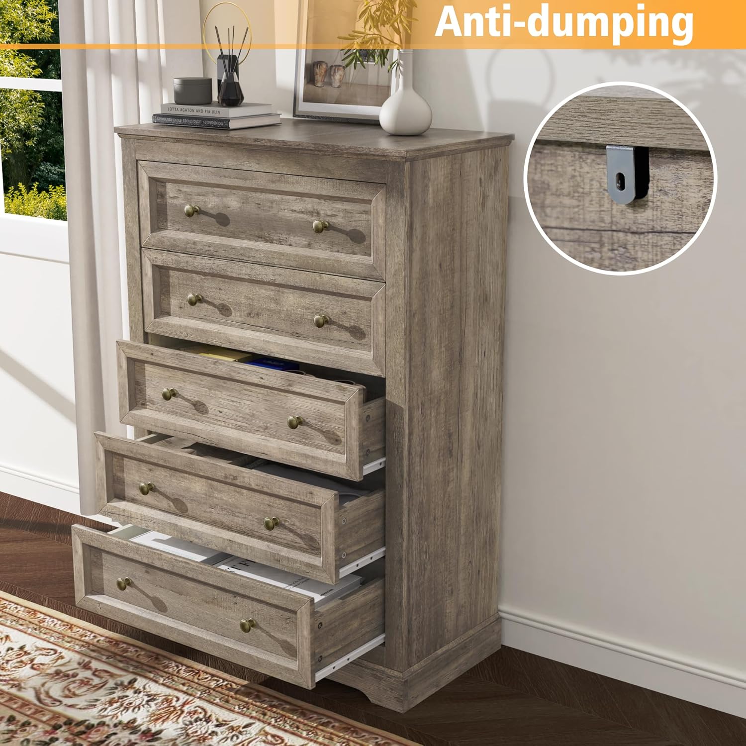 KIGOTY 5-Drawer Tall Dresser with anti-tipping hardware shown