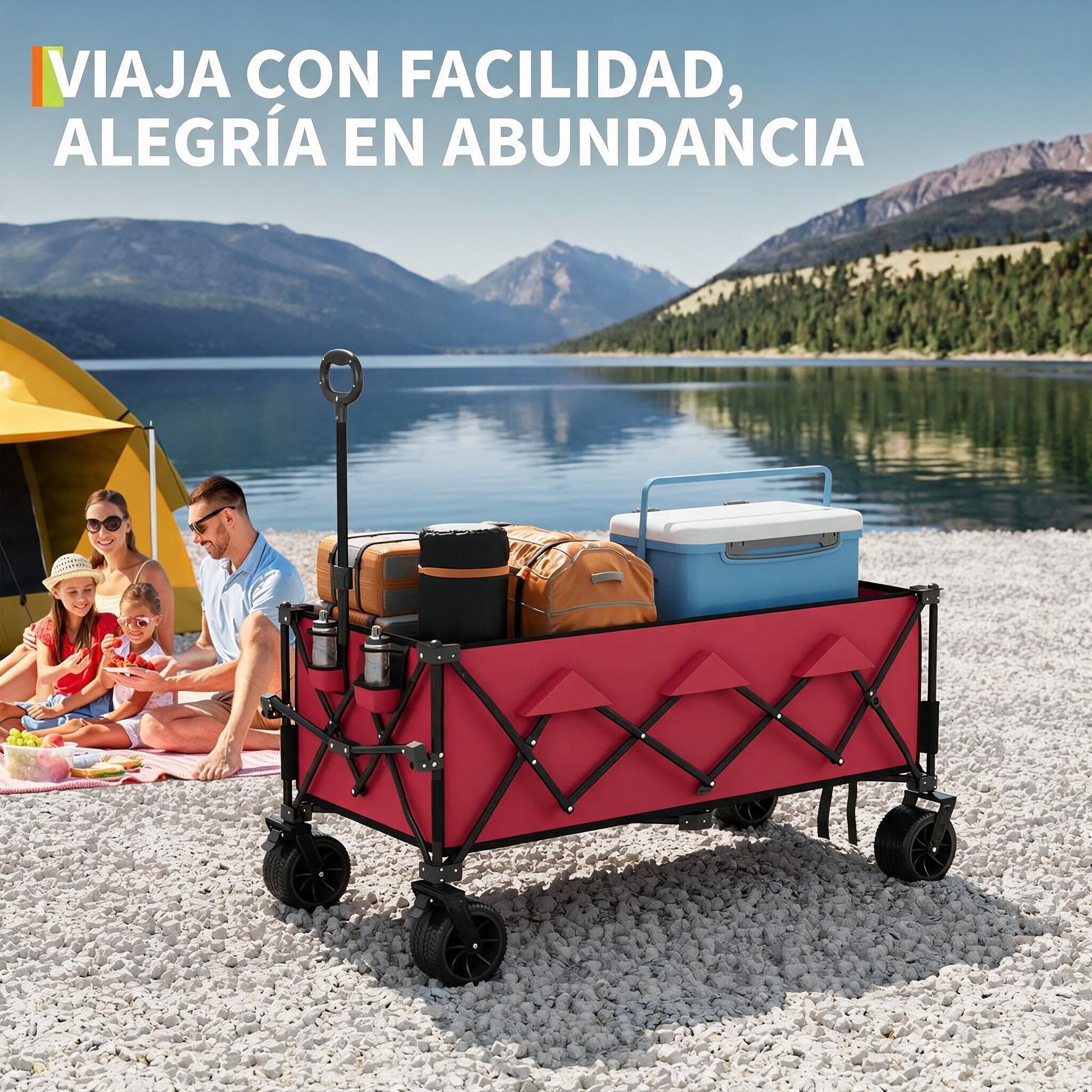 Carro de Playa Plegable 350L 208kg,Carrito Todoterreno Ruedas Grandes,Rojo