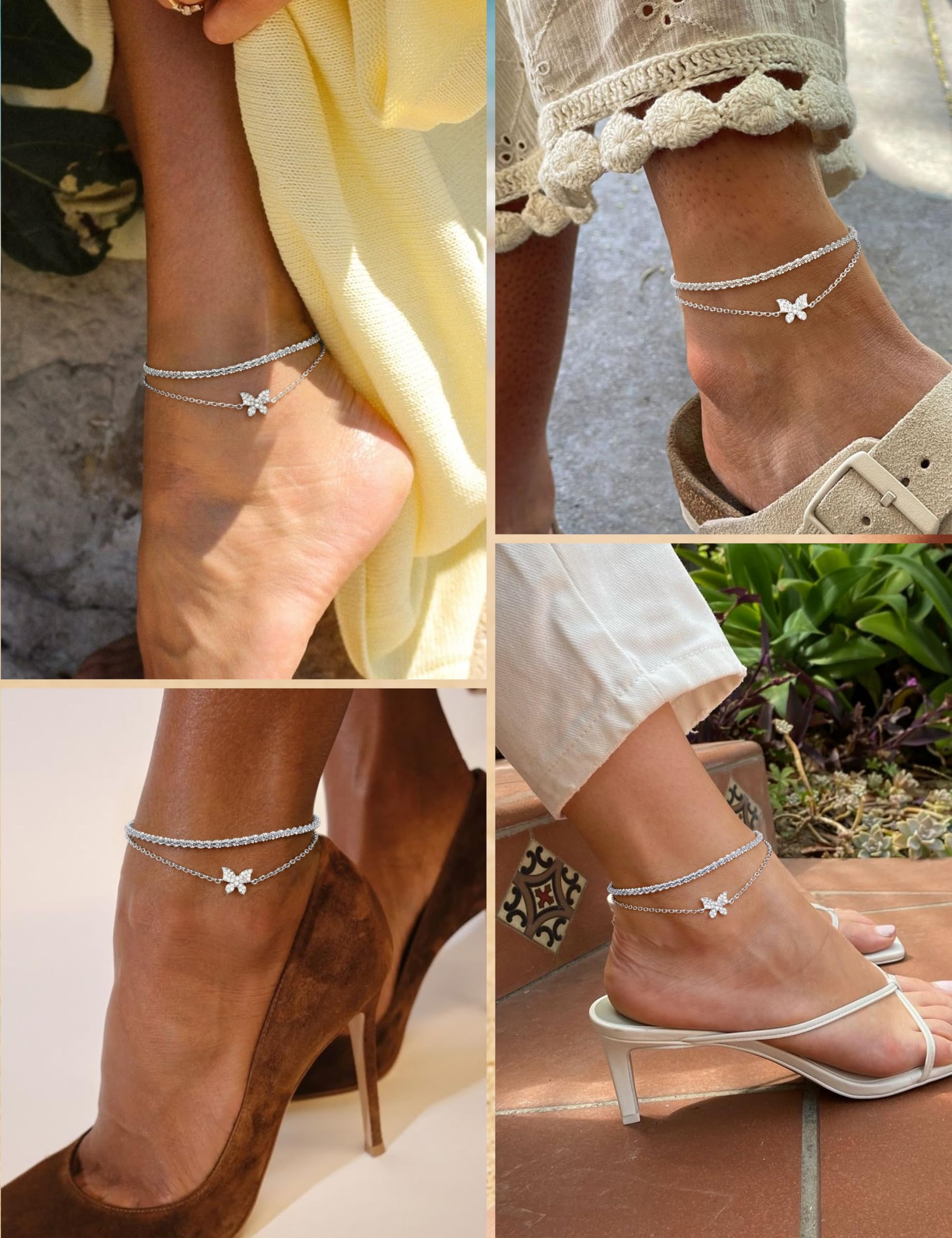 MILACOLATO Cavigliera regolabile in argento Sterling 925 da donna, impermeabile, con farfalla, cuore, stella, cerchio, cavigliera
