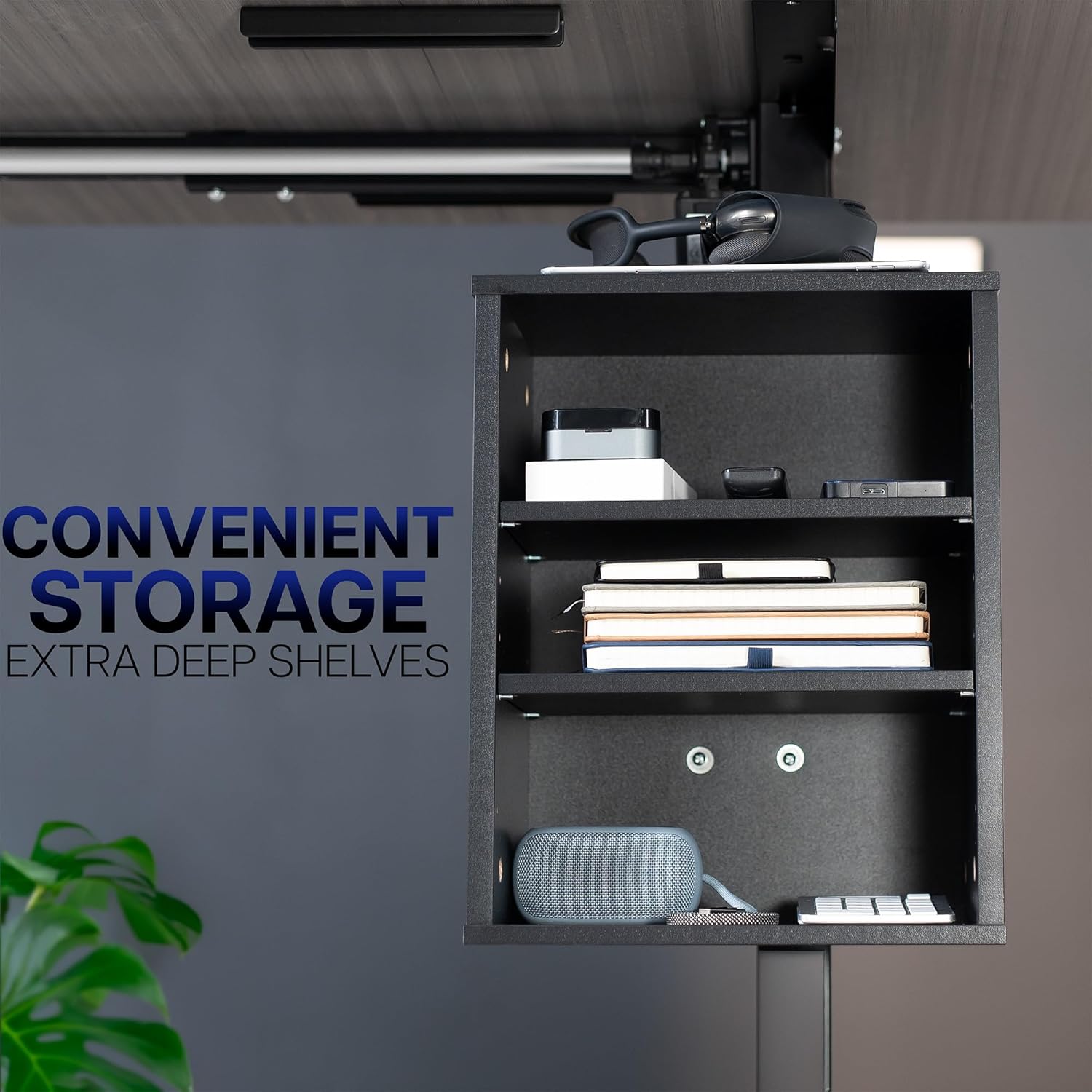 VIVO Clamp-on Under Desk Shelving Unit, Office Accessory Holder for Supplies, Gaming Devices, and More, Multi-Level Storage Shelves, Workstation Organizer, Black, DESK-SHELF3CL