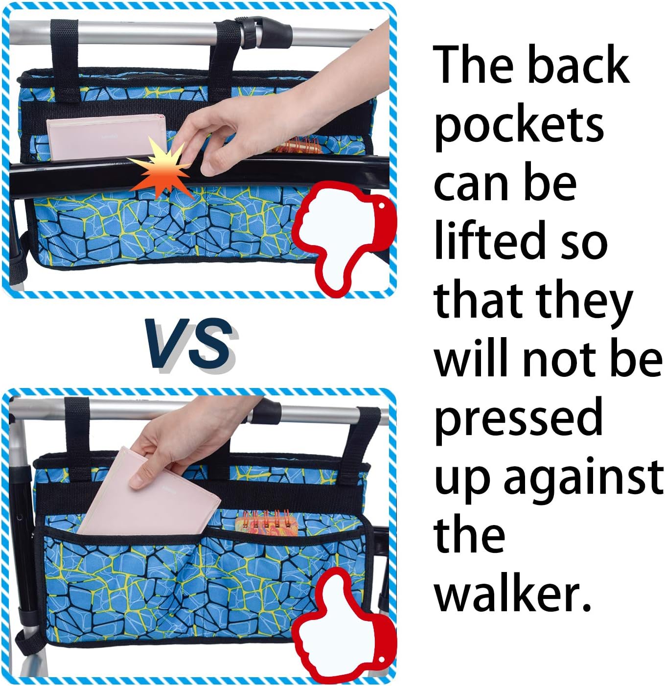 Walker Bag Organizer, MDSTOP Hanging Storage Bag, Waterproof Accessory Tote Caddy, Universal Fits for Walkers, Scooters or Rollator Walkers (Blue, 16.5" x 9") : Health & Household