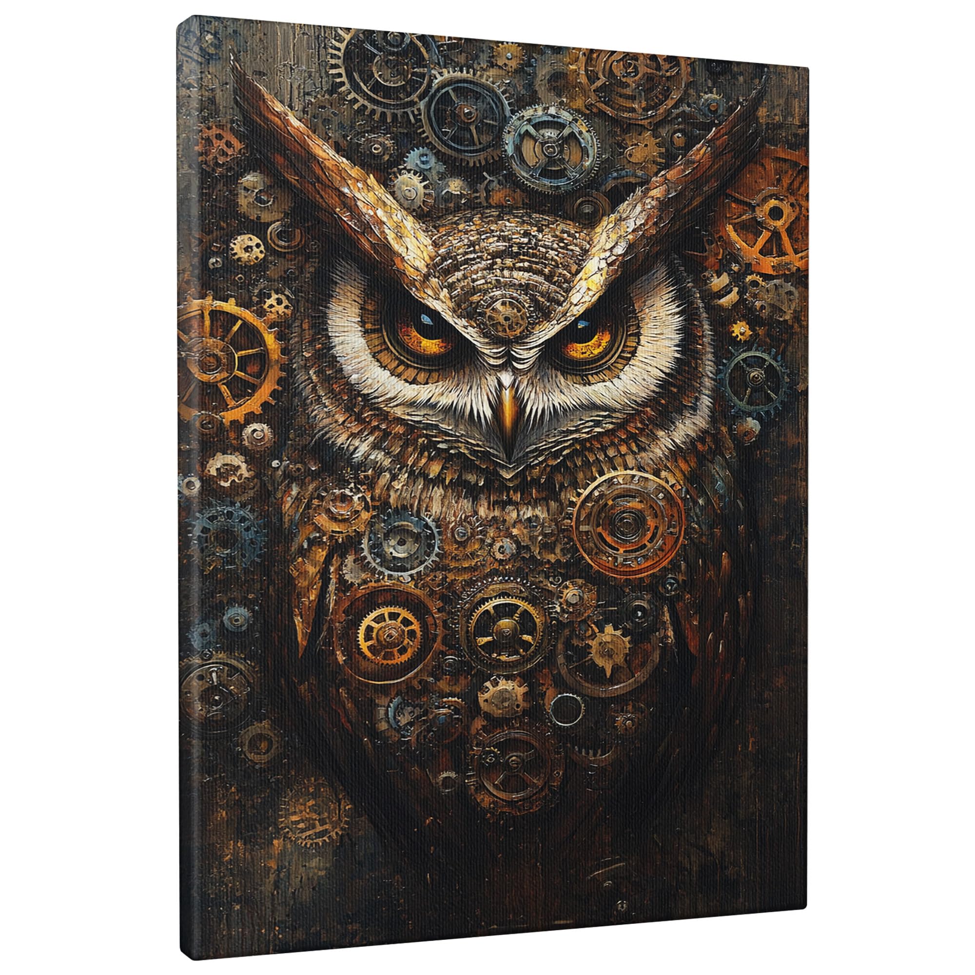 Steampunk Owl Canvas Wall Art, Brown Gold Mechanical Feathered Poster Prints, Singular Home Aesthetic Decor For Living Room, Bedroom, Study, Unframed 16x20 Inch