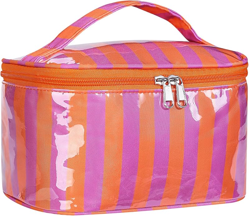 Necessaire de maquiagem em PVC listrado Lestikave, abertura superior, Orange Purple