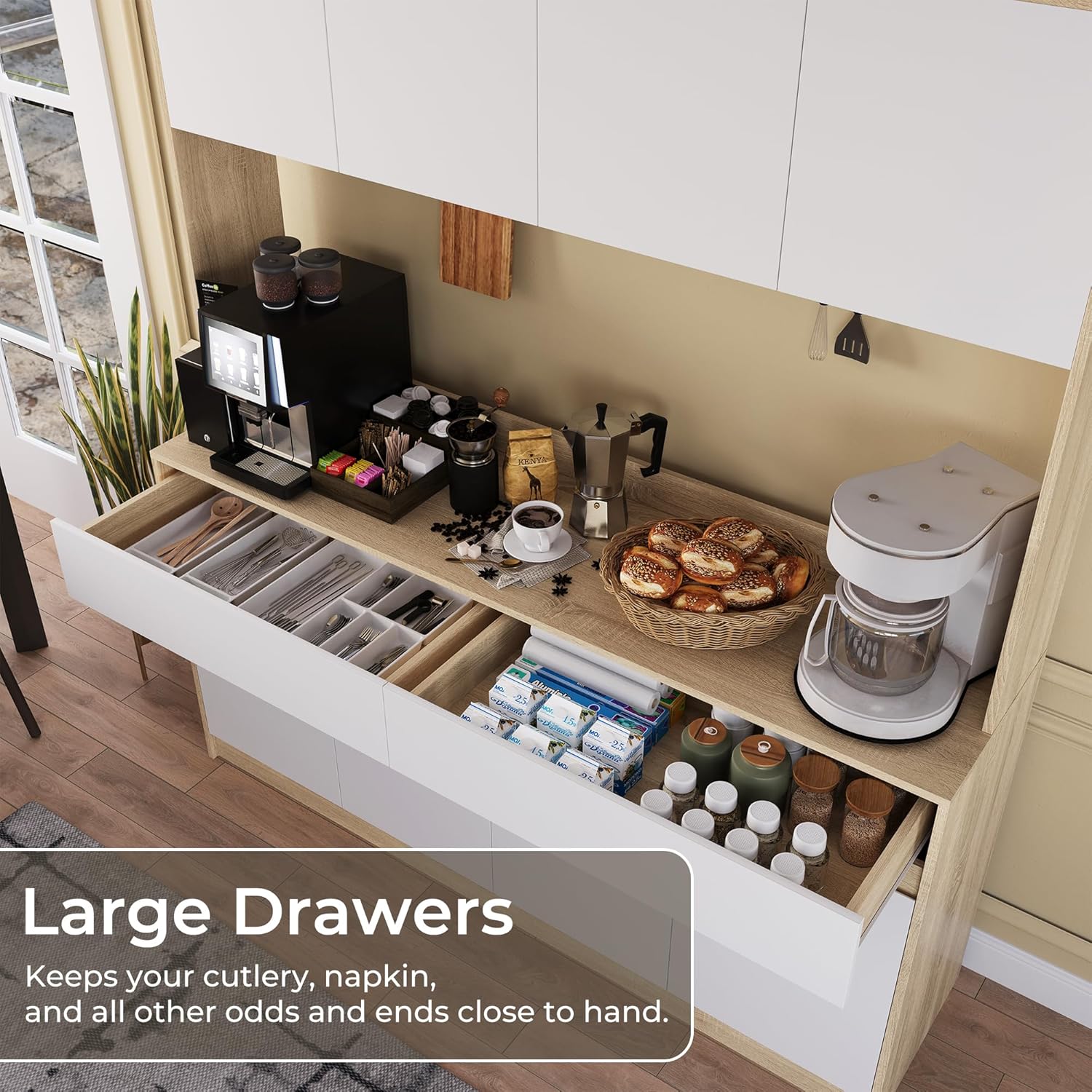 Kitchen Hutch Storage Cabinet, 63" W Large Pantry Cabinets with Microwave Oven Countertop, Freestanding Kitchen Pantry Storage Cabinet with 4 Doors, 2 Drawers and 7 Shelves, White + Walnut