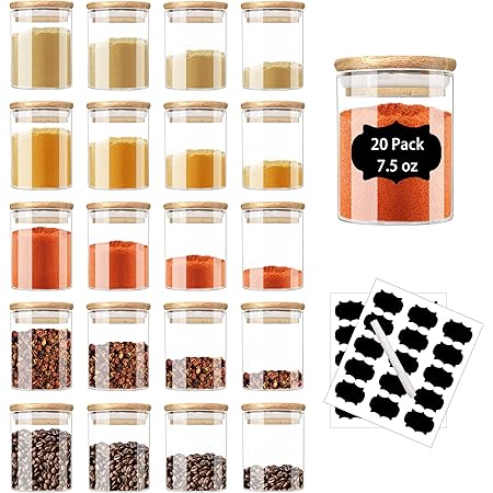 ZRRHOO 20 Pack Glass Jars with Bamboo Lids, 7.5oz Airtight Spice Jars Set with Extra Labels and Pen, for Dry Food Canisters, Spice, Coffee, Beans, Candy, Nuts, Herbs