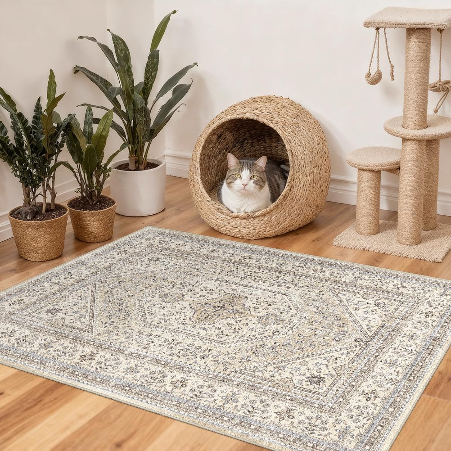 Washable 3x5 Area Rug for Entryway - Bedroom Rugs with Non Slip Rubber Backing for Kitchen Bathroom Indoor Soft Stain Resistant Carpet Rug for Pet Feeding Area and Distressed Floor Decor Beige/Gray