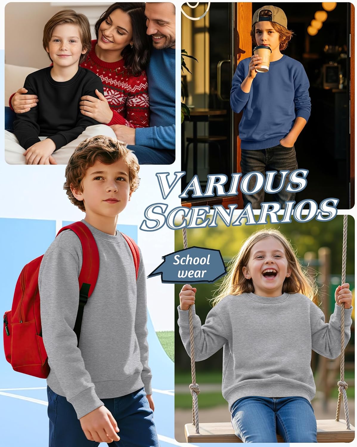 3 Pack Boys Crew Neck Sweatshirt Kids Lightweight Long Sleeve Relaxed Pullover Youth Basic Spring Sweatshirt - Image 3