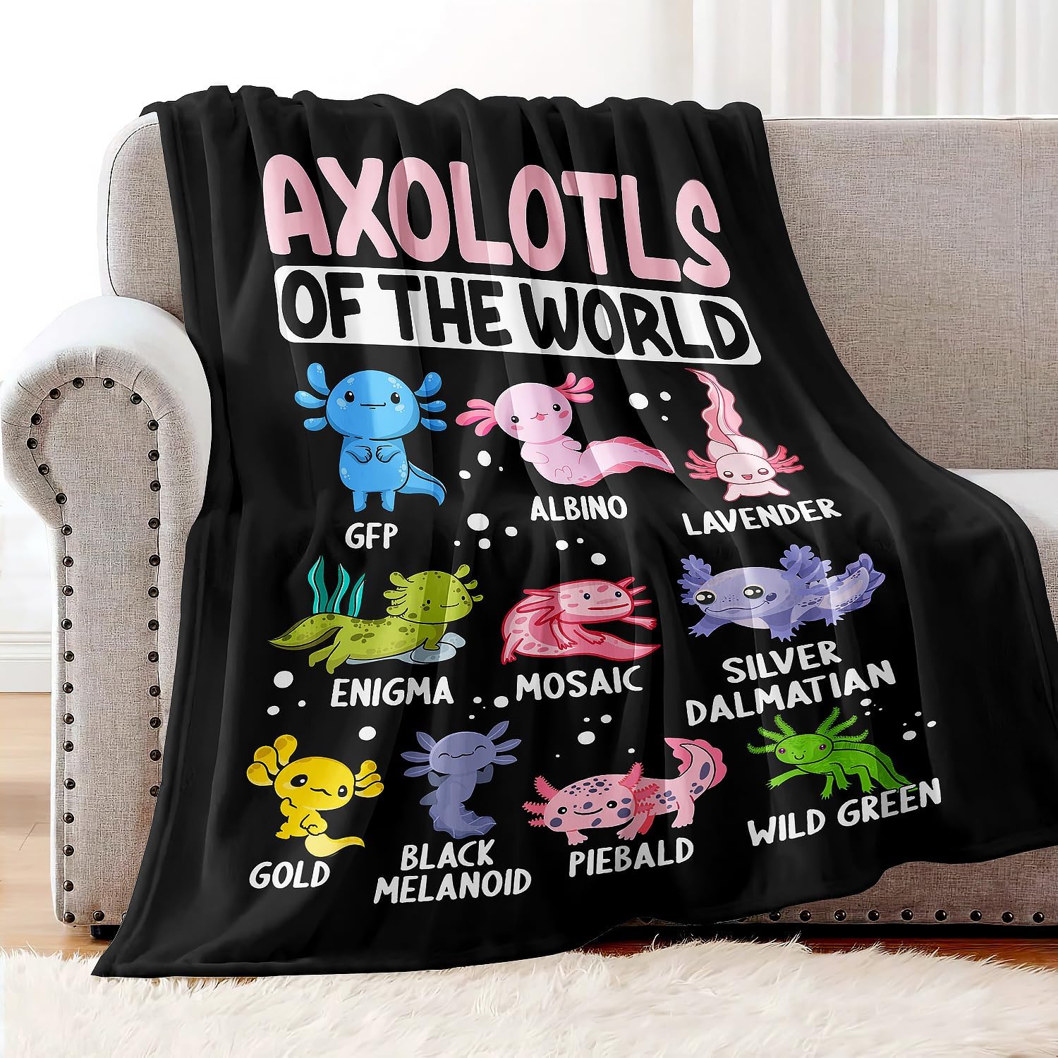 YISUMEI Cartoon Axolotls of The World Throw Blanket, 50"x60", Cute Axolotl Gifts, Soft Plush Travel Essentials for Kids & Adults, Cozy Fleece Blanket for Room Decor, Sofa, Bed & Camping