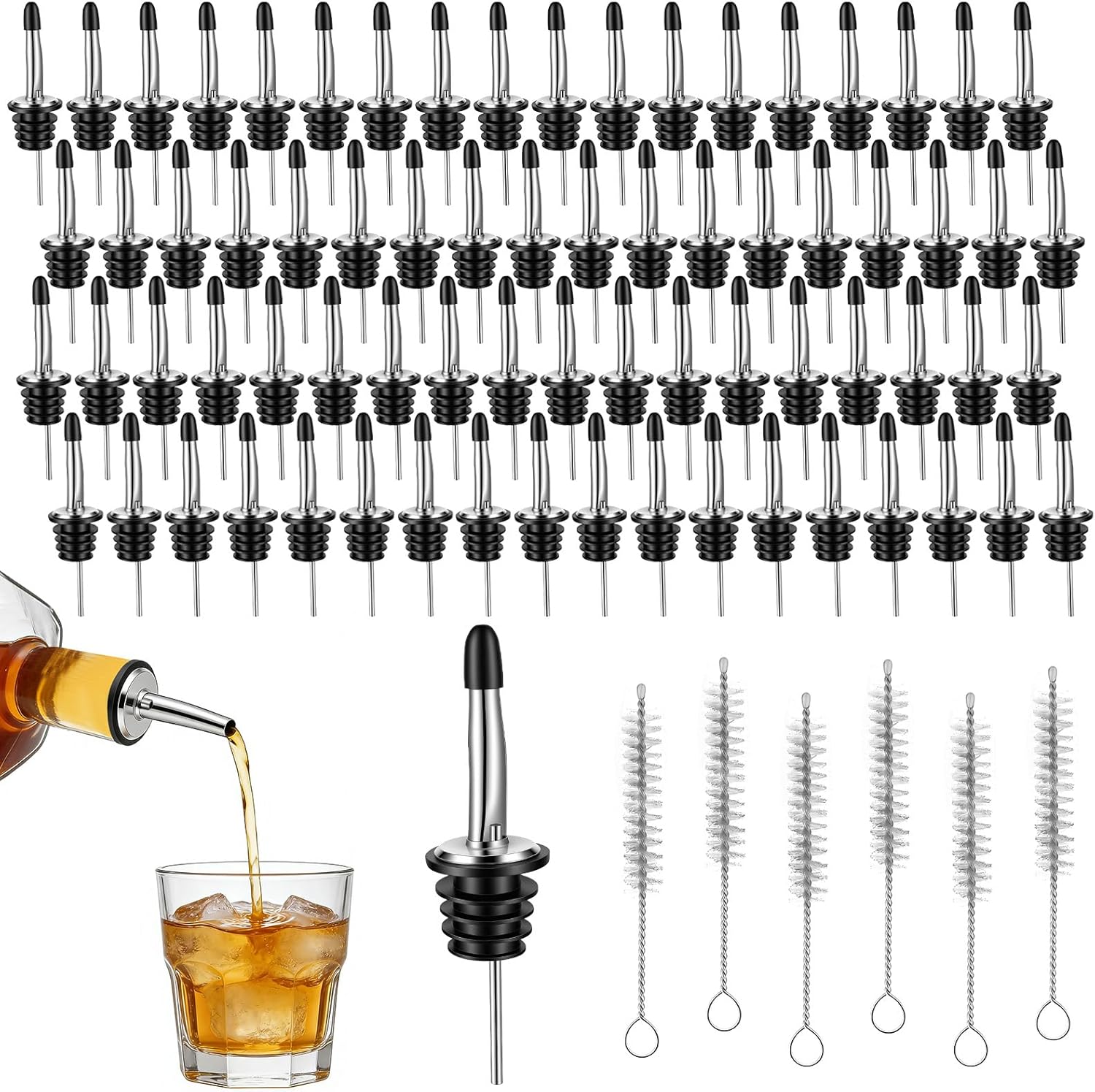 72 Pack Liquor Pour Spout With Dust Caps Stainless Steel Pour Spouts for Liquor Bottles Tapered Liquor-Pourers with Rubber Dust Caps for Alcohol, Olive Oil - Speed Pourers, Bar Supplies