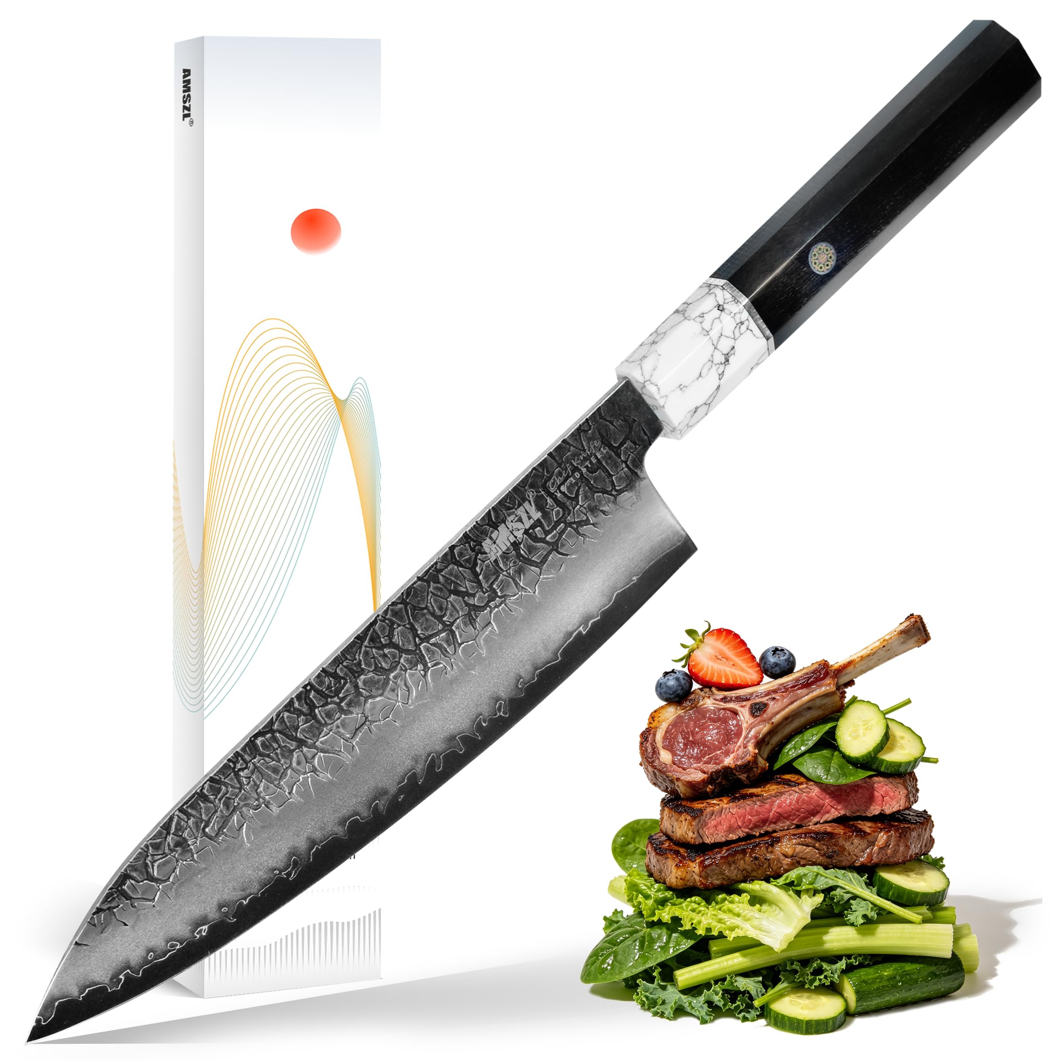 8 Inch Gyuto Chef Knife, VG10 Japanese Steel, Octagonal Ebony Handle