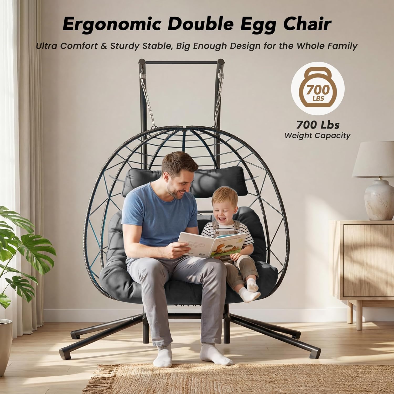 Easyego Double Egg Chair with Stand Hammock Swing Chair 2 Person Outdoor Indoor Hanging Loveseat with UV Resistant Removable Cushion for Patio Living Room-660LBS Capacity, Grey
