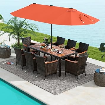 Tangkula 11 Pieces Rattan Outdoor Dining Set with 15Ft Solar Patio Umbrella for 8, Outdoor Wicker Table Set with 8 Cushioned