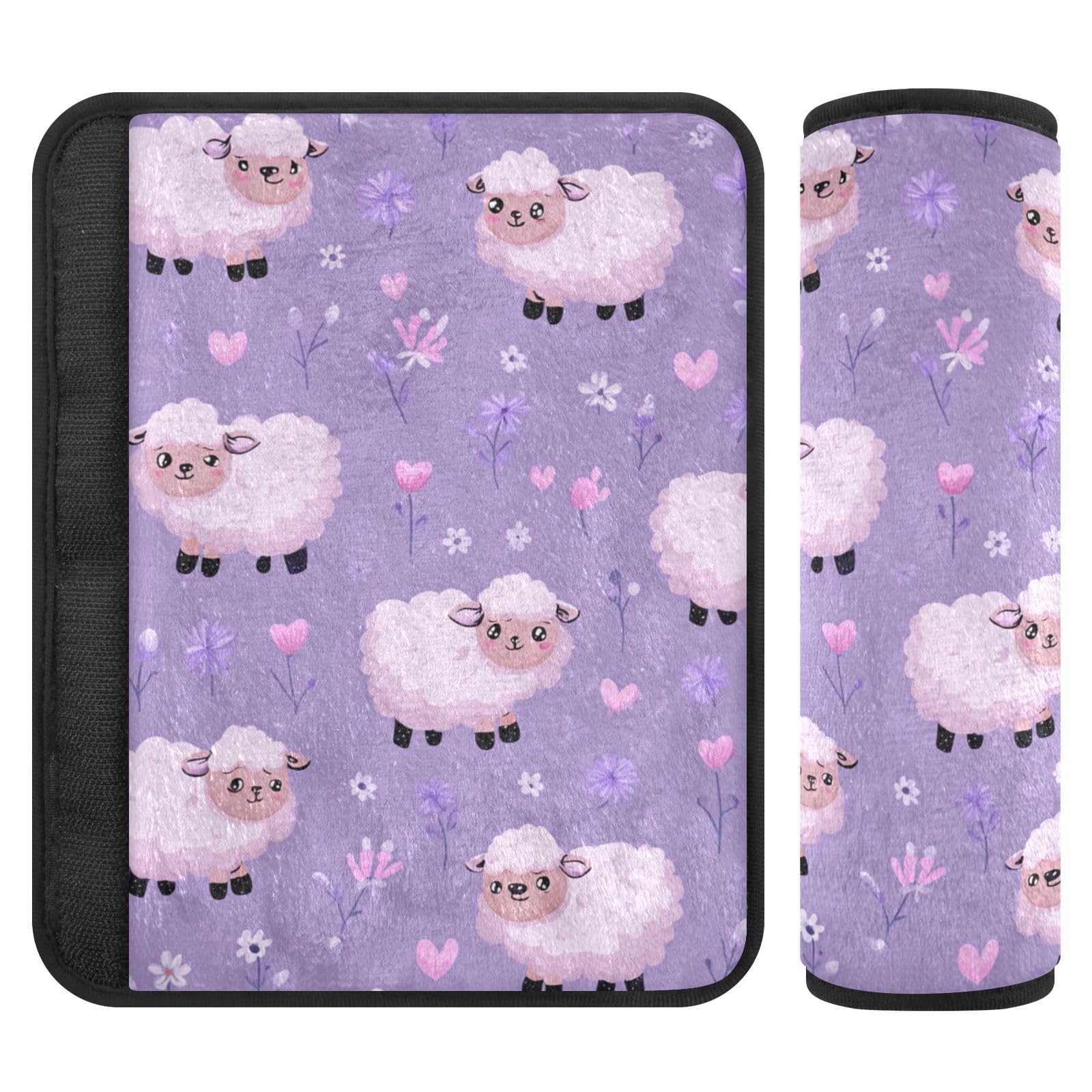 2 Pack Seatbelt Covers Seat Belt Cover Pad for Adults Boys Girls Car Seat Strap Covers Pads Cushion Universal Shoulder Strap Pad Protector for Backpack Camera Bag 6.5 Inch Purple Cute Floral Sheep
