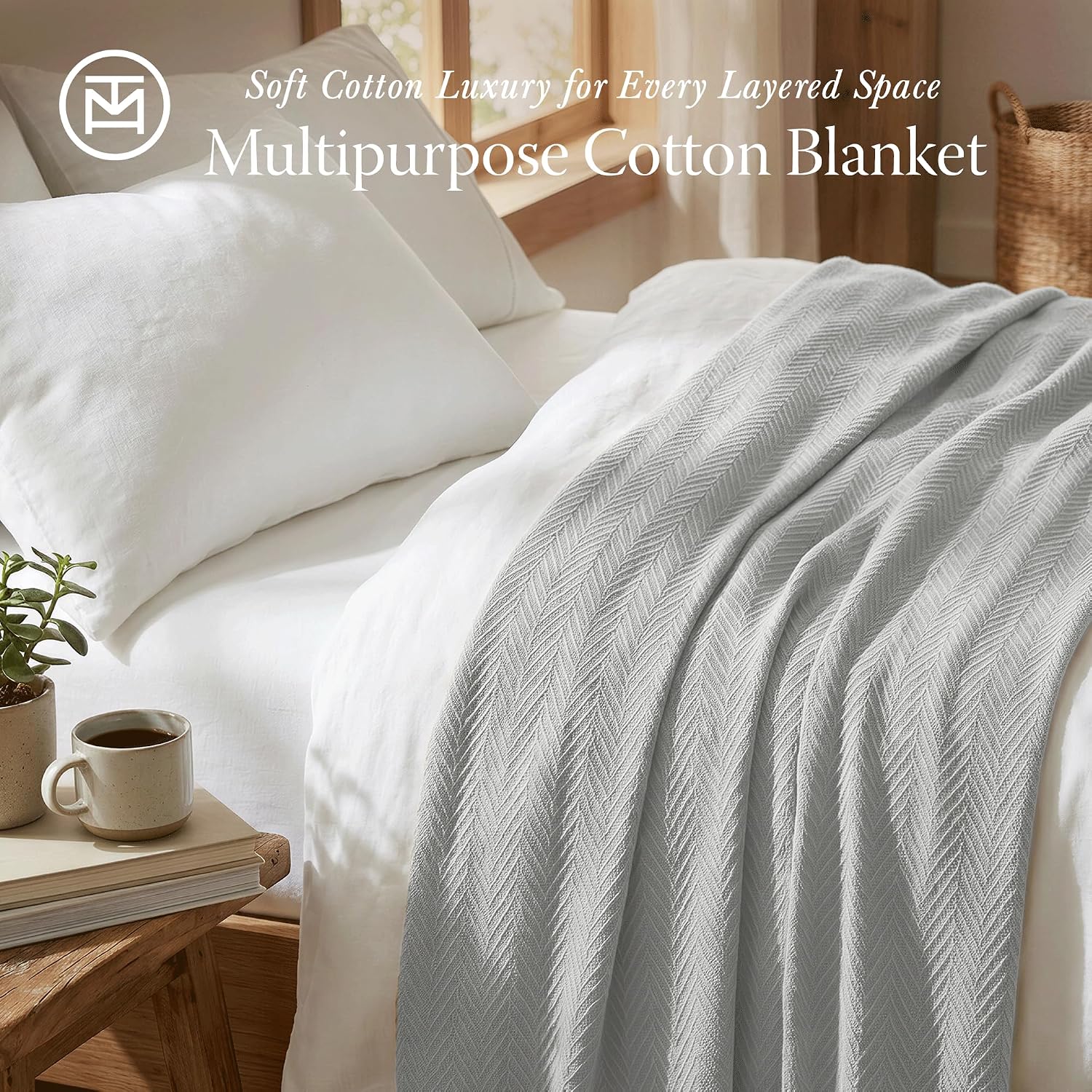 Threadmill Luxury Cotton Blankets for King Size Bed | All-Season Cozy 100% Cotton King Size Blanket | Herringbone Soft Fall Thermal Blanket fits California King Size Bed | Light Grey
