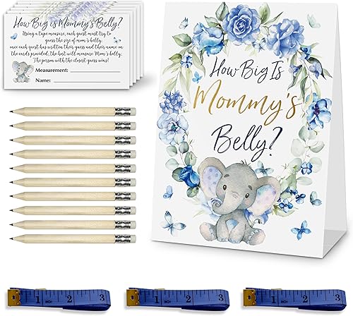 Juego de baby shower con texto en inglés "How Big is Mommy's Bell", juego decorativo de elefante rosa azul para baby shower (1 cartel + 50 tarjetas