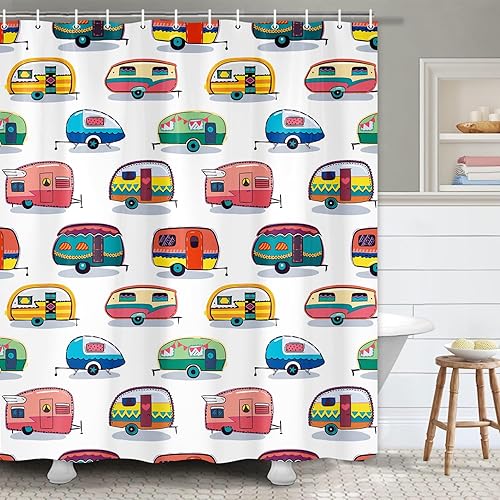 Miniatura 3 de JAWO Cortina de ducha para autocaravana, remolque, campamento, baño, retro, caravana divertida, campamento, juego de cortina de ducha con ganchos