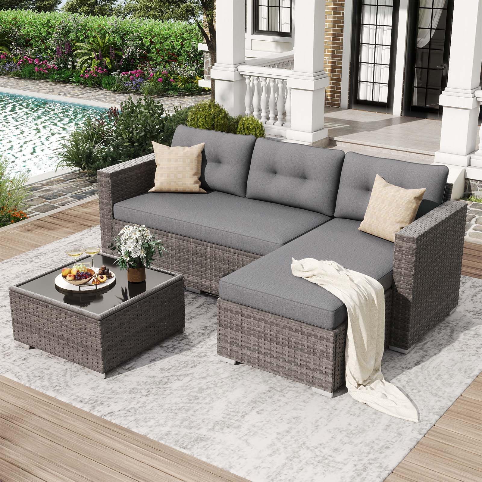 JOIVI 3-Piece Patio Furniture Set, Outdoor Wicker Rattan Sectional Sofa & Patio Couch with Cushions, Tempered Glass Coffee Table, All-Weather