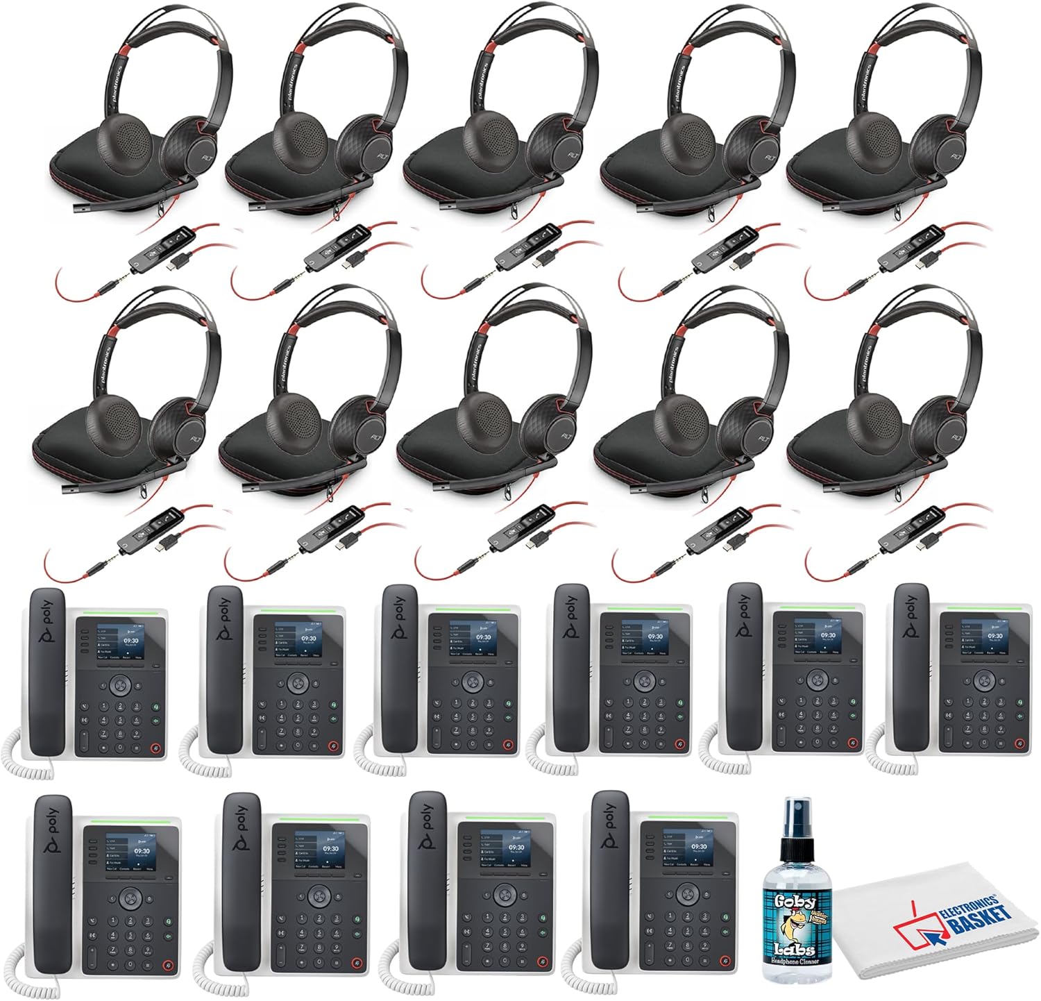 10x Poly (Plantronics) Edge E220 IP Desk Phone Bundle Including: 10x Poly Blackwire 5220 Stereo USB-C Headset with USB-C to USB-A Adapter, Phone Cleaner, Fiber Cloth