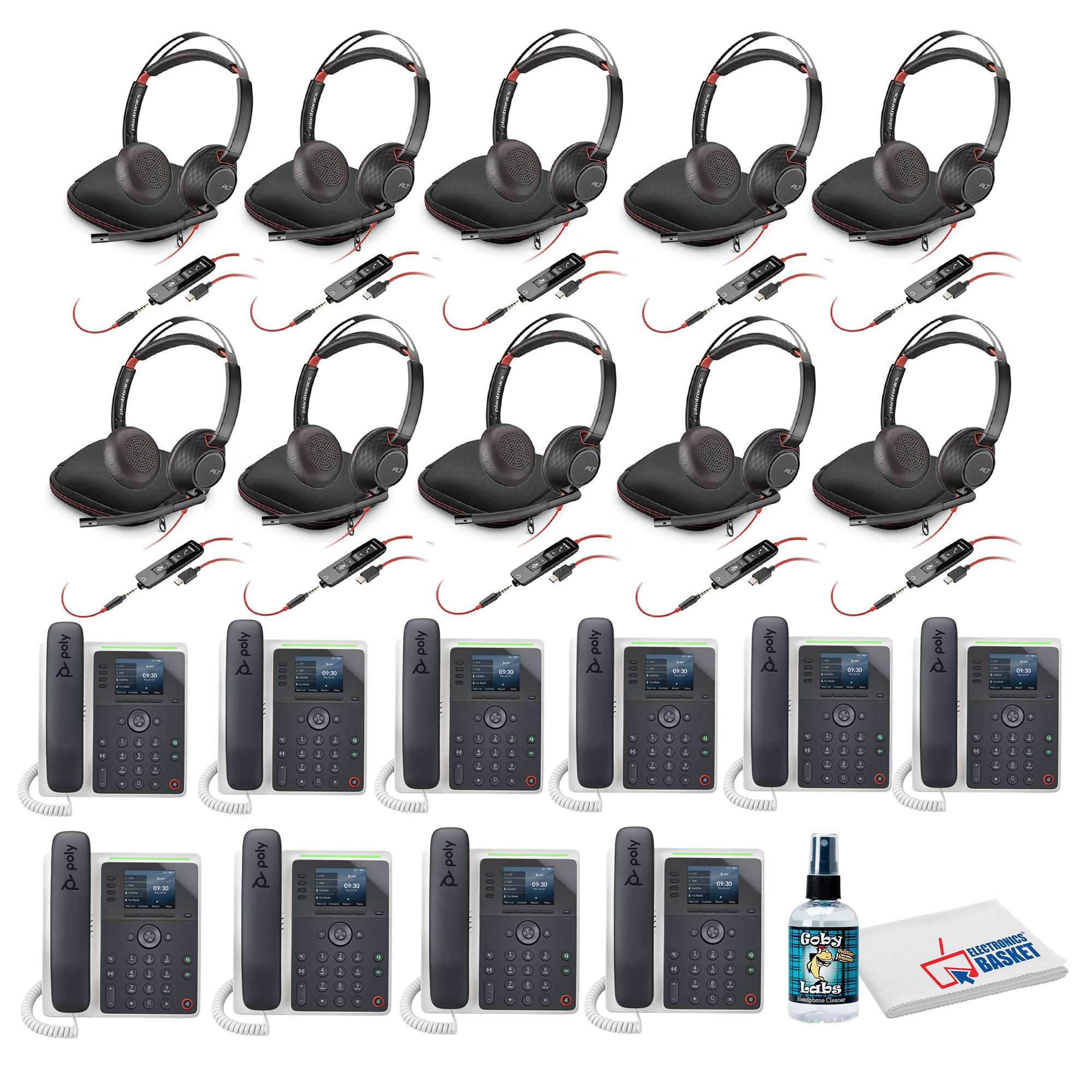 10x Poly (Plantronics) Edge E220 IP Desk Phone Bundle Including: 10x Poly Blackwire 5220 Stereo USB-C Headset with USB-C to USB-A Adapter, Phone Cleaner, Fiber Cloth