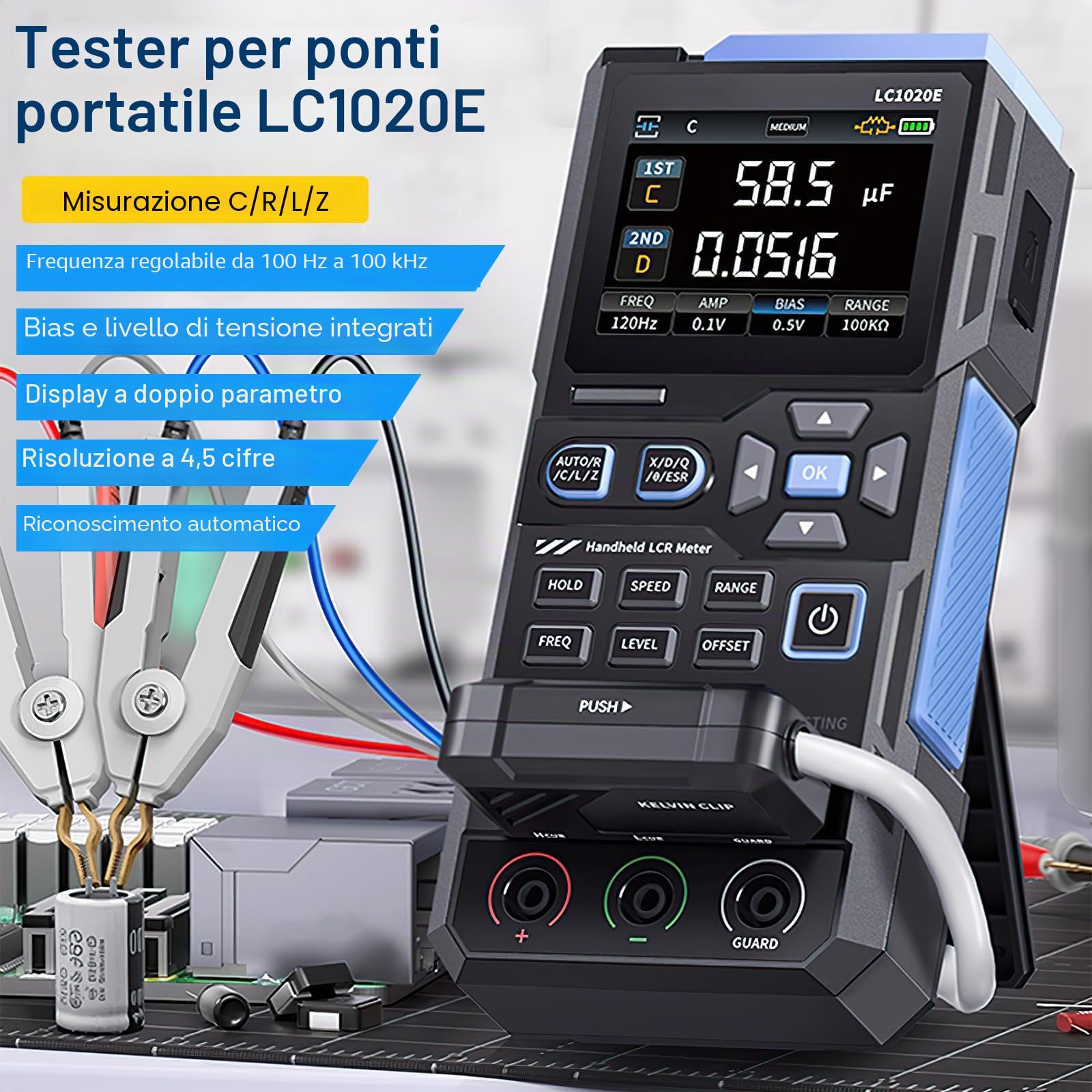 LC1020E LCR Meter 100kHz Misuratore LCR Tester Digitale per Resistori/Induttori/Condensatori, 19999 Conteggi, Multimetro LCR Misura ESR/Q/D/θ/X, Doppio Parametro/Calibrazione Aperto/Cortocircuito