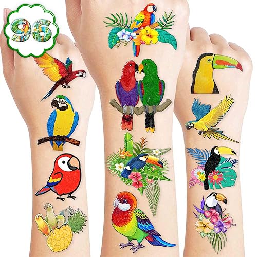 8 hojas 96 piezas de calcomanías temporales de tatuaje de pájaro de loro temática tropical decoración de fiesta de cumpleaños suministros para niños