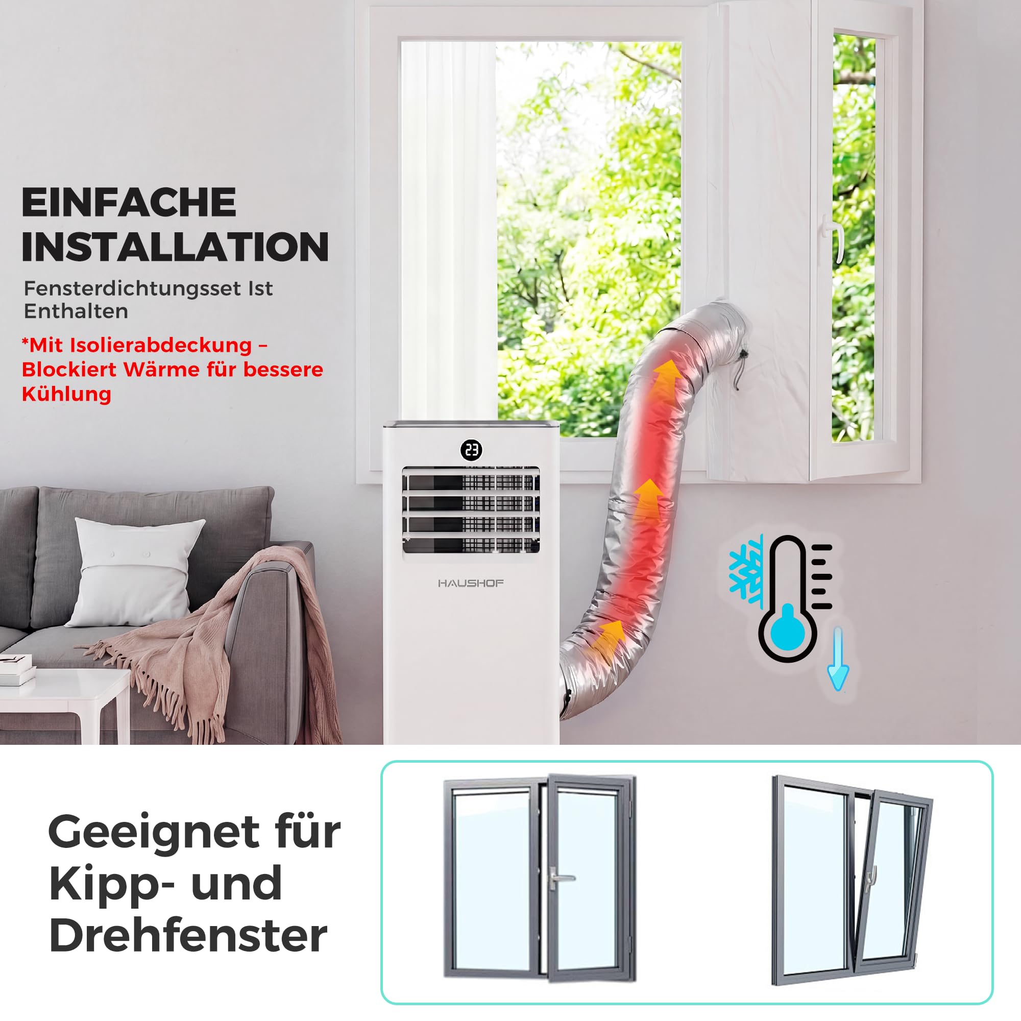 HAUSHOF Mobile Klimaanlage 9000 BTU, 4-in-1 Klimagerät mit Abluftschlauch & Isolierhülle, Kühlen/Entfeuchten/Ventilieren/Nachtmodus, 330 m³/h, mit Fensterdichtungsset, für Räume bis 30 m²