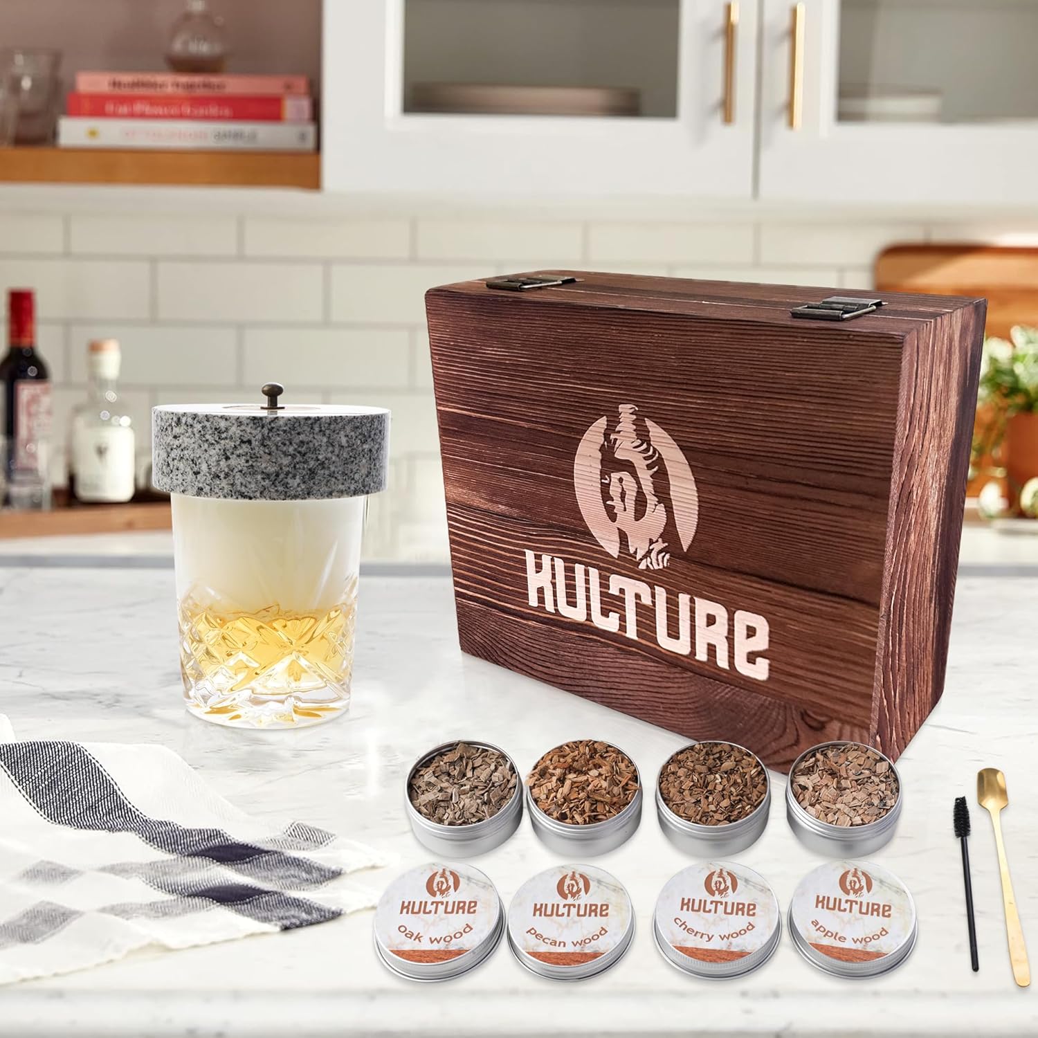 Cocktail Smoker Kit with Torch, Stone Lid, and Whiskey Stones - Infuser Set with 4 Wood Chips - Ideal Gift for Whiskey Lovers & Mixology Enthusiasts - No Butane