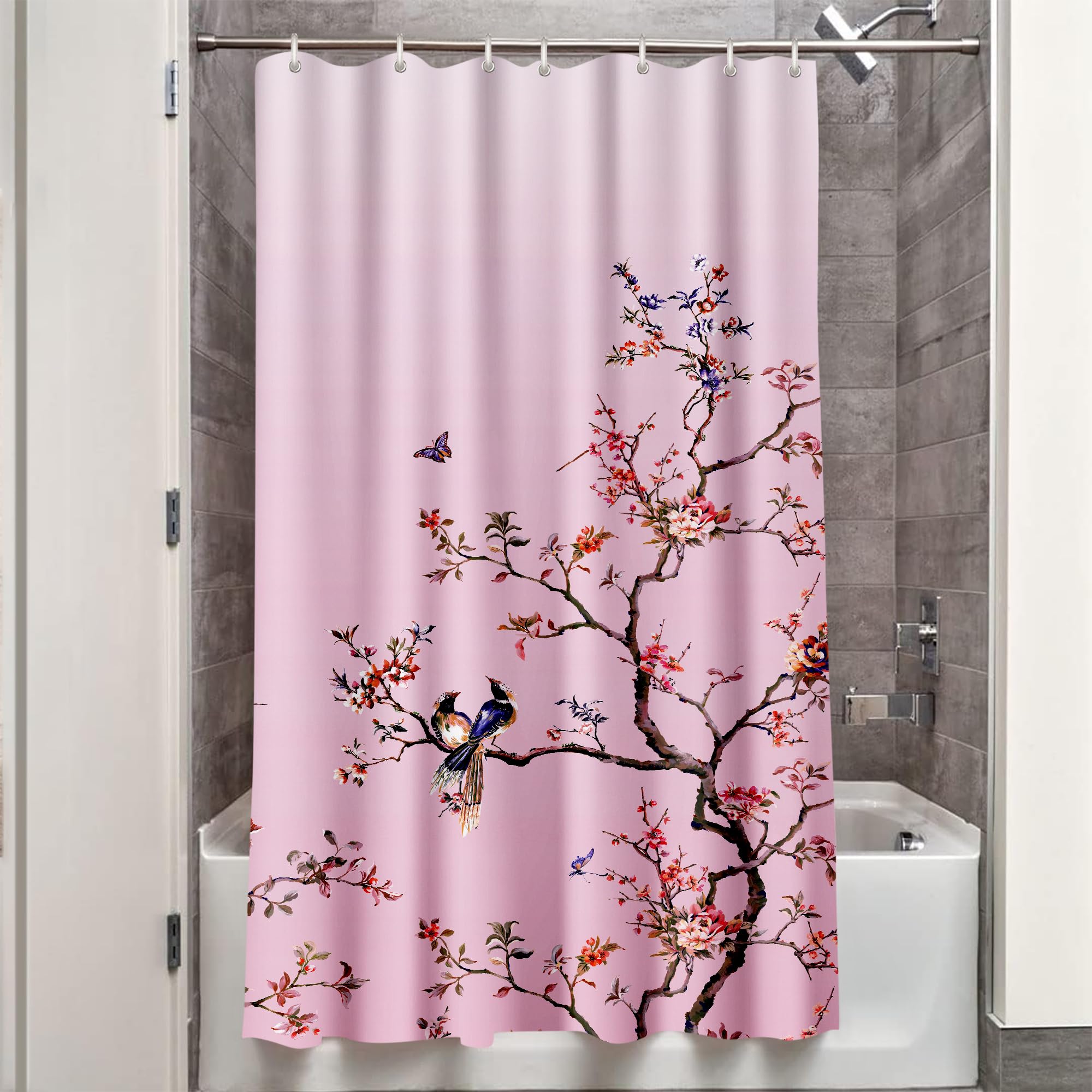 LIVETTY Pink Bird Floral Shower Curtain 90cm × 180cm Mould Proof Butterfly Fabric Bathroom curtain For Women & Men With 12 Hooks Washable Quick-Drying Curtains - Image 2