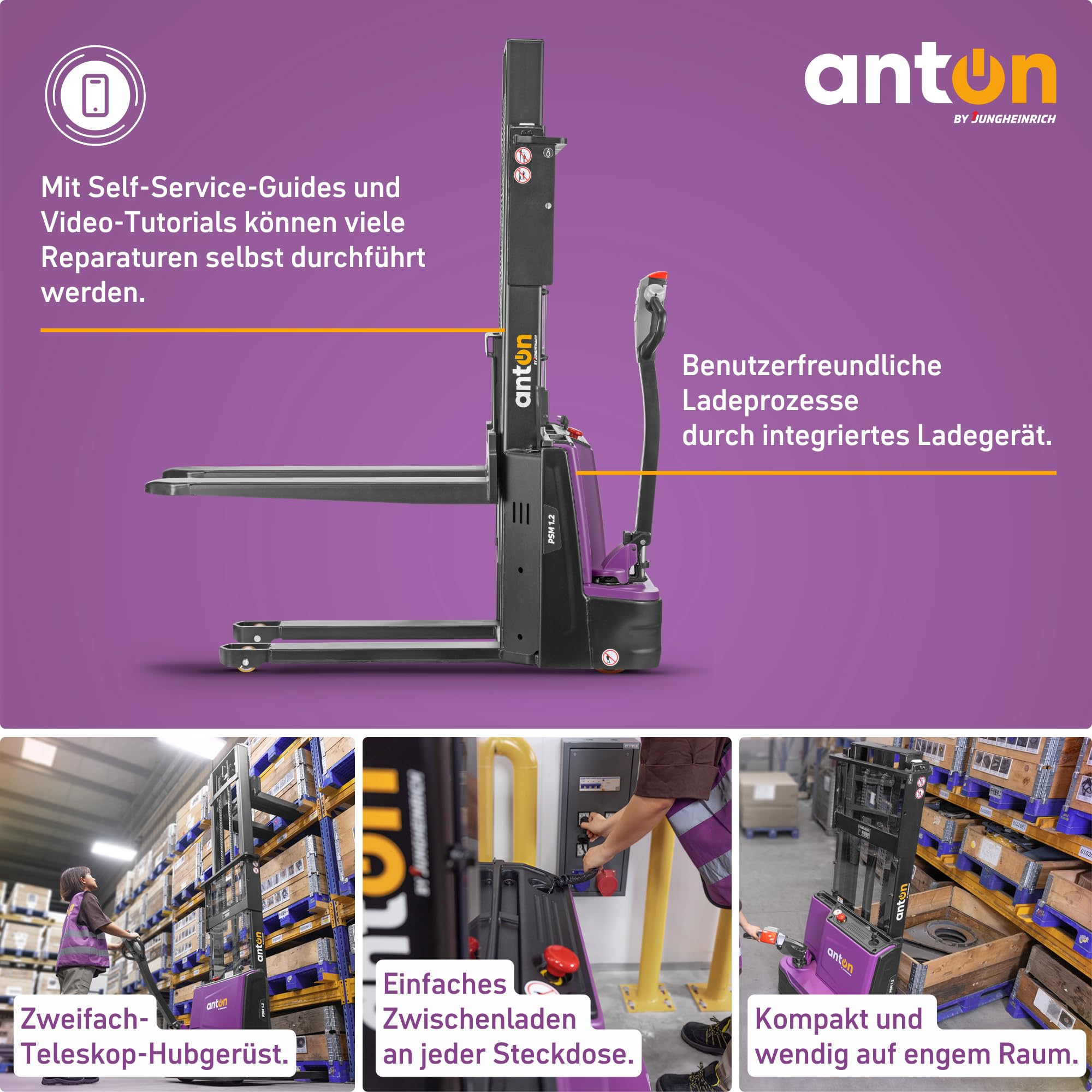 AntOn by Jungheinrich Elektro-Hochhubwagen PSM 1.2 | 1.200 kg Tragkraft | 3.022 mm Hubhöhe | 1.150 mm Gabellänge | Lithium-Ionen-Batterie 24 V / 40 Ah mit Ladegerät | 2-Fach-Teleskop-Hubgerüst