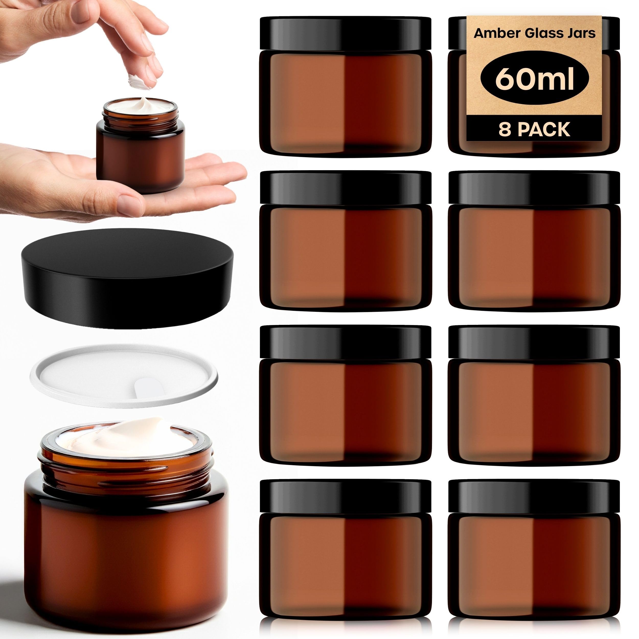 Volila Brown Amber Glass Jars - 8 Pack (60Ml) With Lids - Travel Cosmetic Containers With Spatula - Uv Protection For Powder, Lotion And Cream