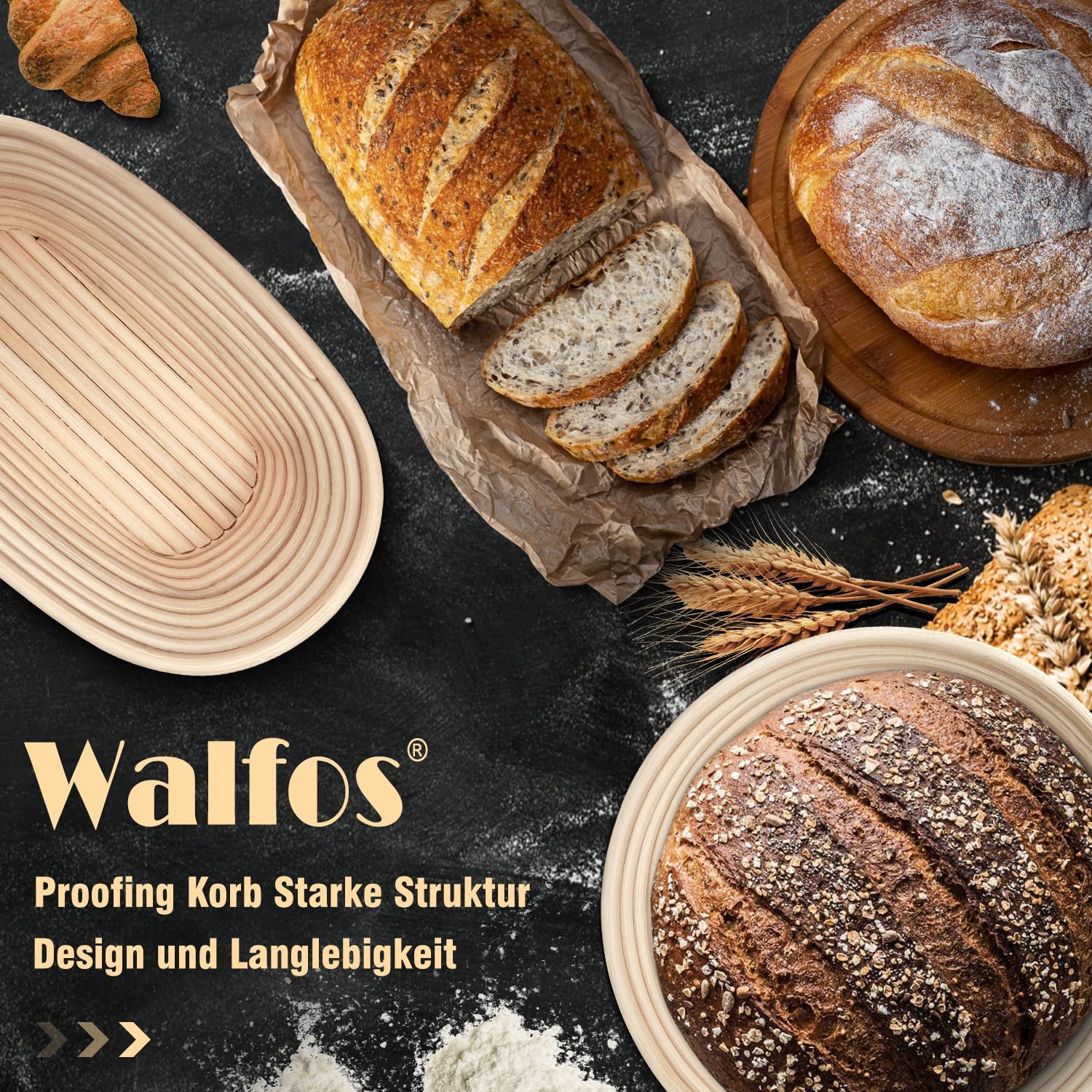 Walfos® Set di cestini per lievitazione ovale, cottura del pane, con rattan naturale, pennello, forchetta e rivestimento in lino, ideale per casa e professionisti