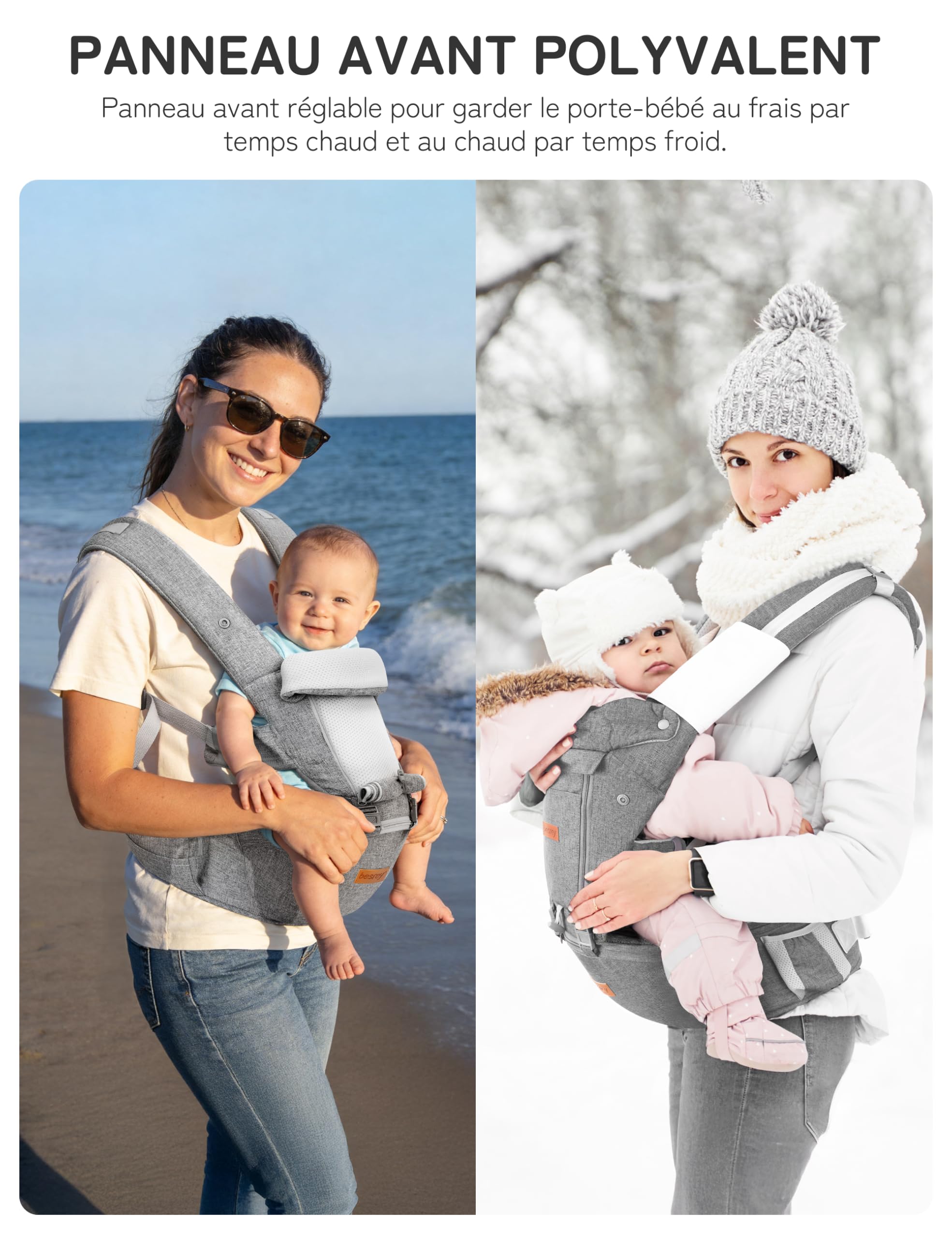 besrey Porte Bebe Physiologique, Porte Bébé avec Siège Hanche | Porte Bebe Hanche 4-36 Mois, 6 Positions, Soutien Lombaire