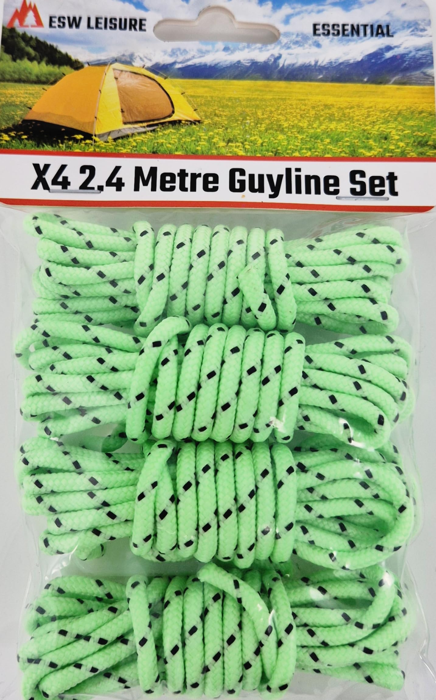 ESW LEISURE Guyline Ropes 4 Pack For Tents Awning Camping Strong Lightweight Paracord Guy Rope With Tensioner Guy Lines Fishing Umbrella Bivvy Caravan Gazebo Tarp (Glow In The Dark, 2.4 Metre 4 Pack)