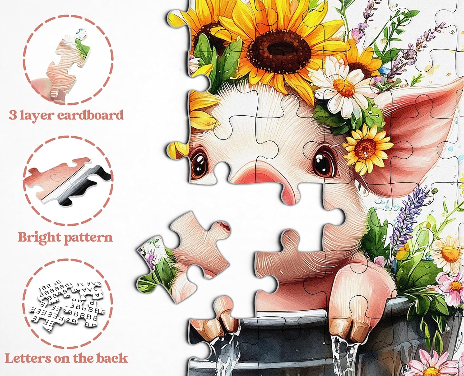 Flower Puzzles for Adults 1000 Pieces, Larkipuzz Cute Pig Puzzle Sunflower, Impossible Colorful Floral Plant Art Theme, Challenging for Adults