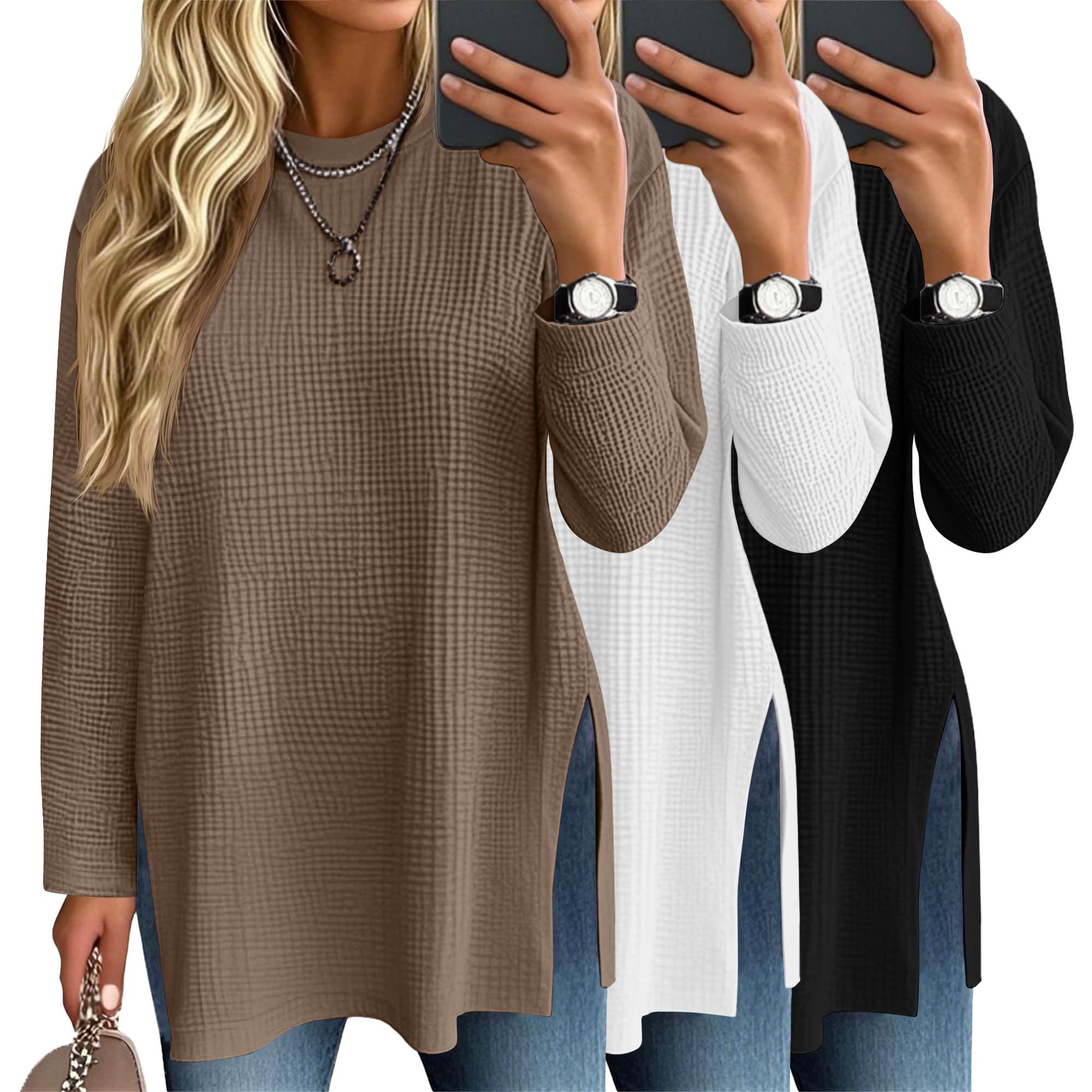 Tenare Pack de 3 Camisetas Waffle Mujer Manga Larga, Oversize Cuello Redondo, T-Shirts Amplias Otoño Invierno Básicas Blusas