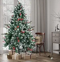 Árvore de Natal 1,90m Completa com 600 Galhos e Acessórios — Pinheiro Verde com Branco, PVC, Base de Ferro, Luzes Quentes e Coloridas, Pinha e Frutinhas Vermelhas