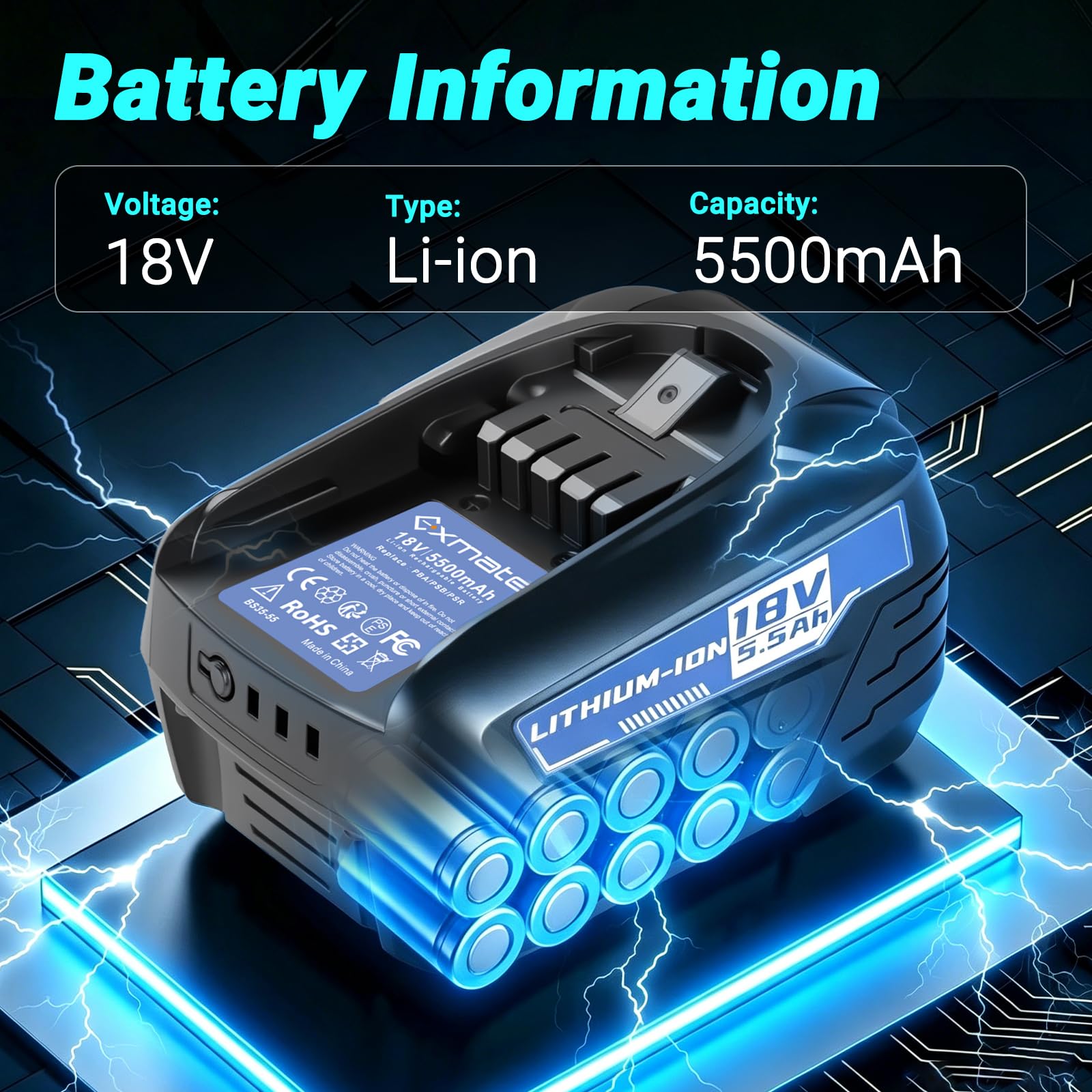 Exmate - Batería de repuesto para Bosch PBA PSB PSR (18 V, 5500 mAh, para 18 V, Gardena 18 VSystem PSB 18 LI-2, PST 18 LI, UNEO MAXXH, Uneo Maxx, 1600A005B0 2607335040 2607336039 26039) 73360 40