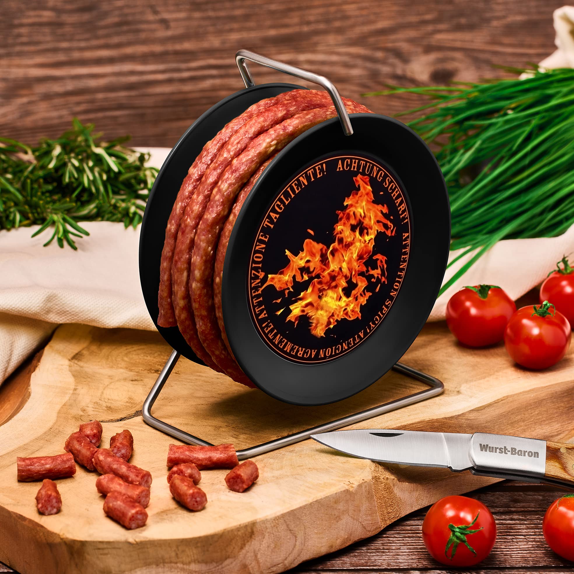 WURSTBARON® Enrollador de Chorizo Picante, 3,5 m de embutido estilo Cracovia, calidad alta y sabor picante, sabroso regalo para él y para ella, 240 g