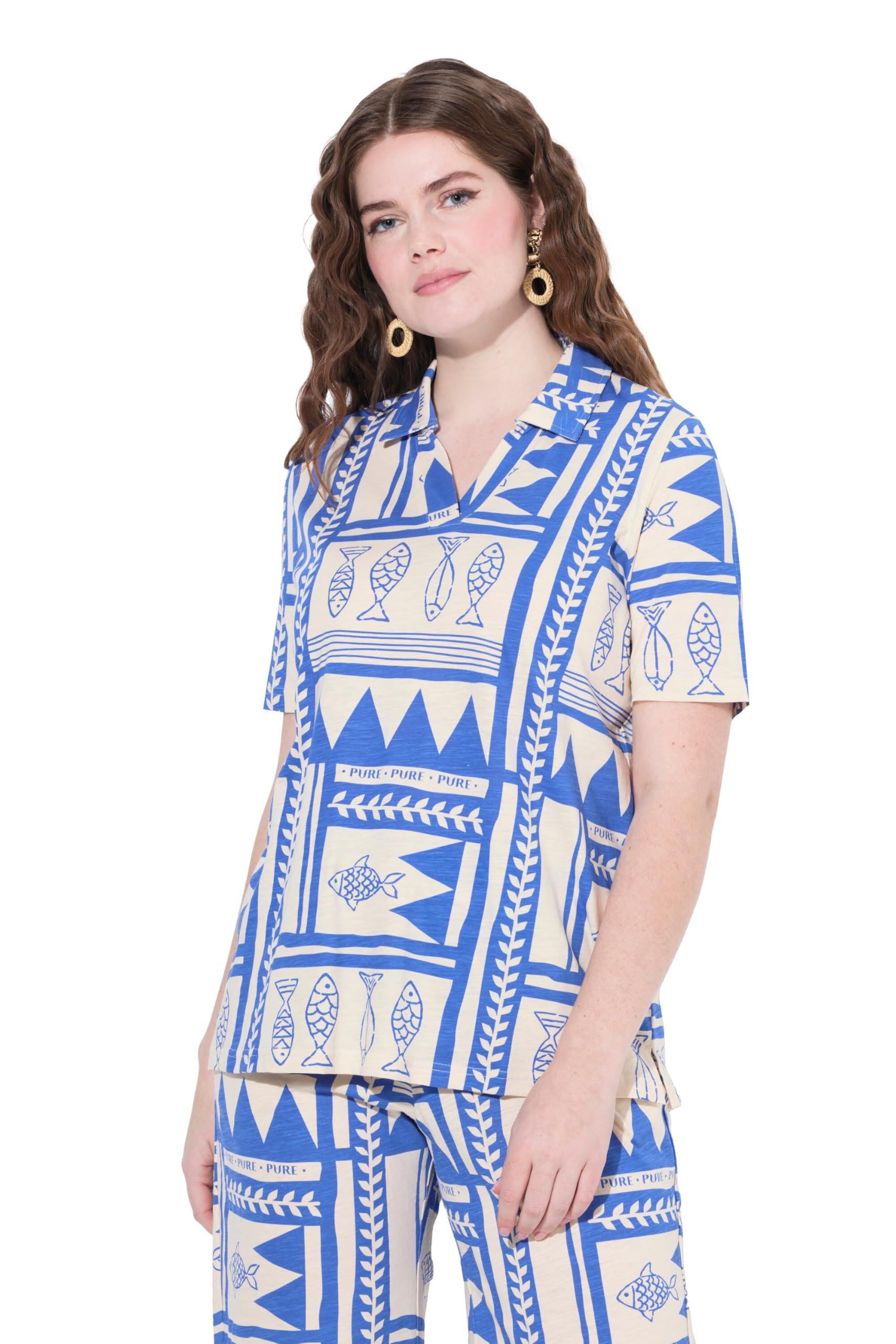 Ulla Popken Damen große Größen Übergrößen Plus Size Poloshirt, Fische, Polokragen, Halbarm, Biobaumwolle 838858