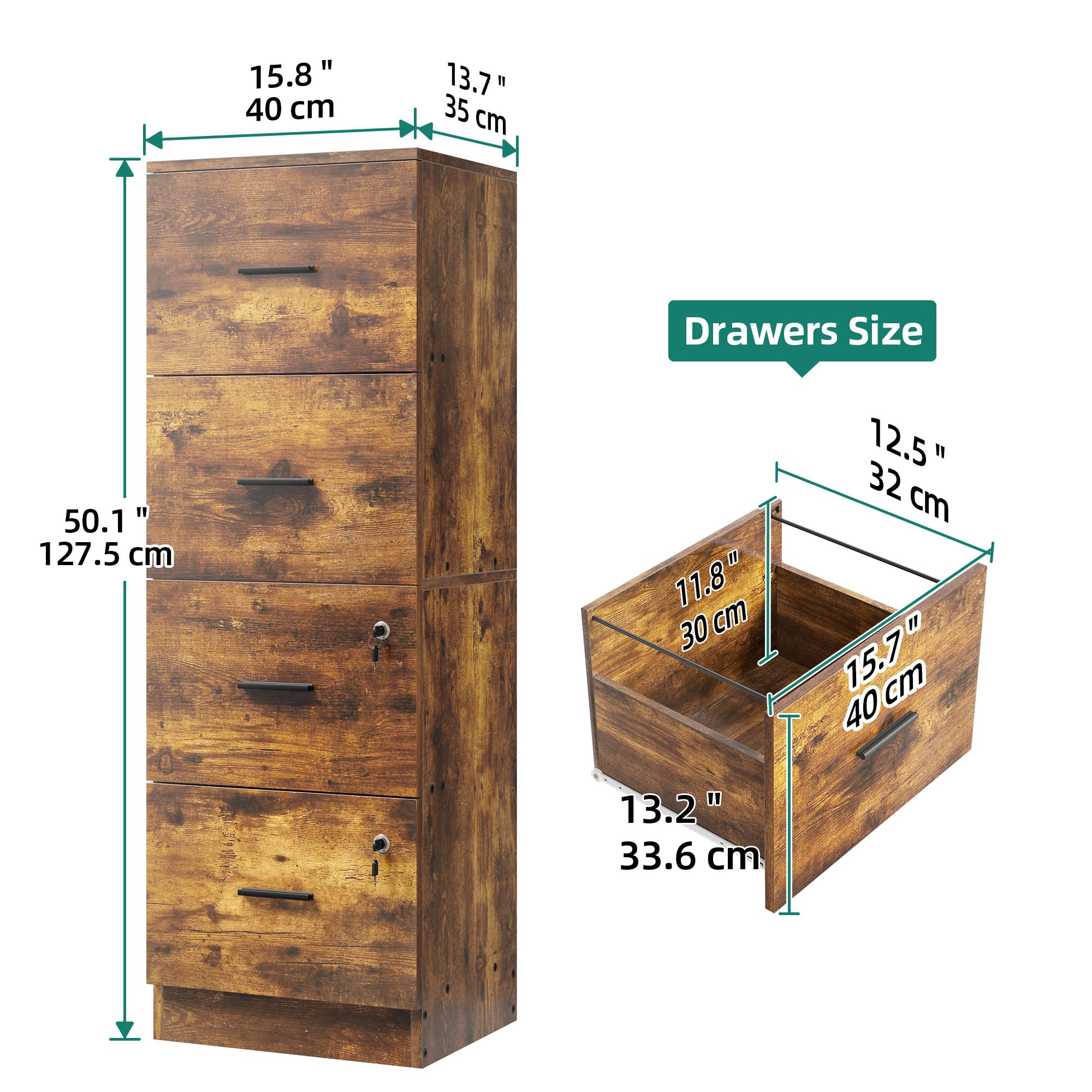 Caisson Bureau 4 Tiroirs Verrouillable 127.5cm - Armoire Classement A4 Pour Maison Et Bureau