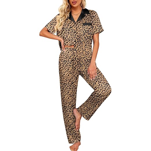 Ekouaer Satin Pajamas Set for Women Silk Button Down Sleepwear Short Sleeve Loungewear 2 Pieces Nightwear