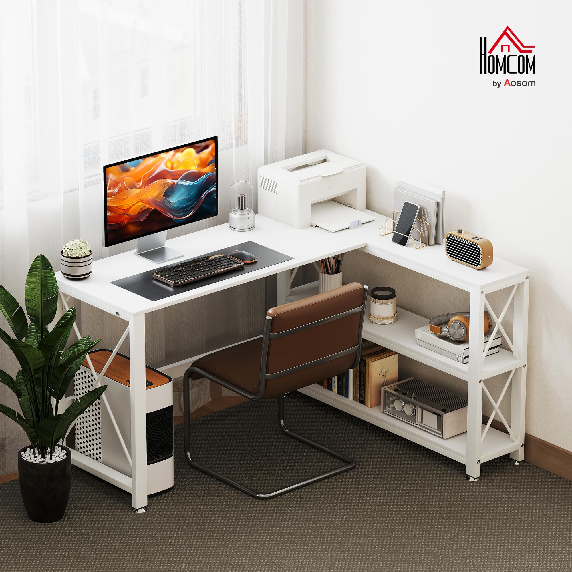 HOMCOM Bureau d'angle modulable réversible, Salon, 135 x 110 x 75 cm, Blanc