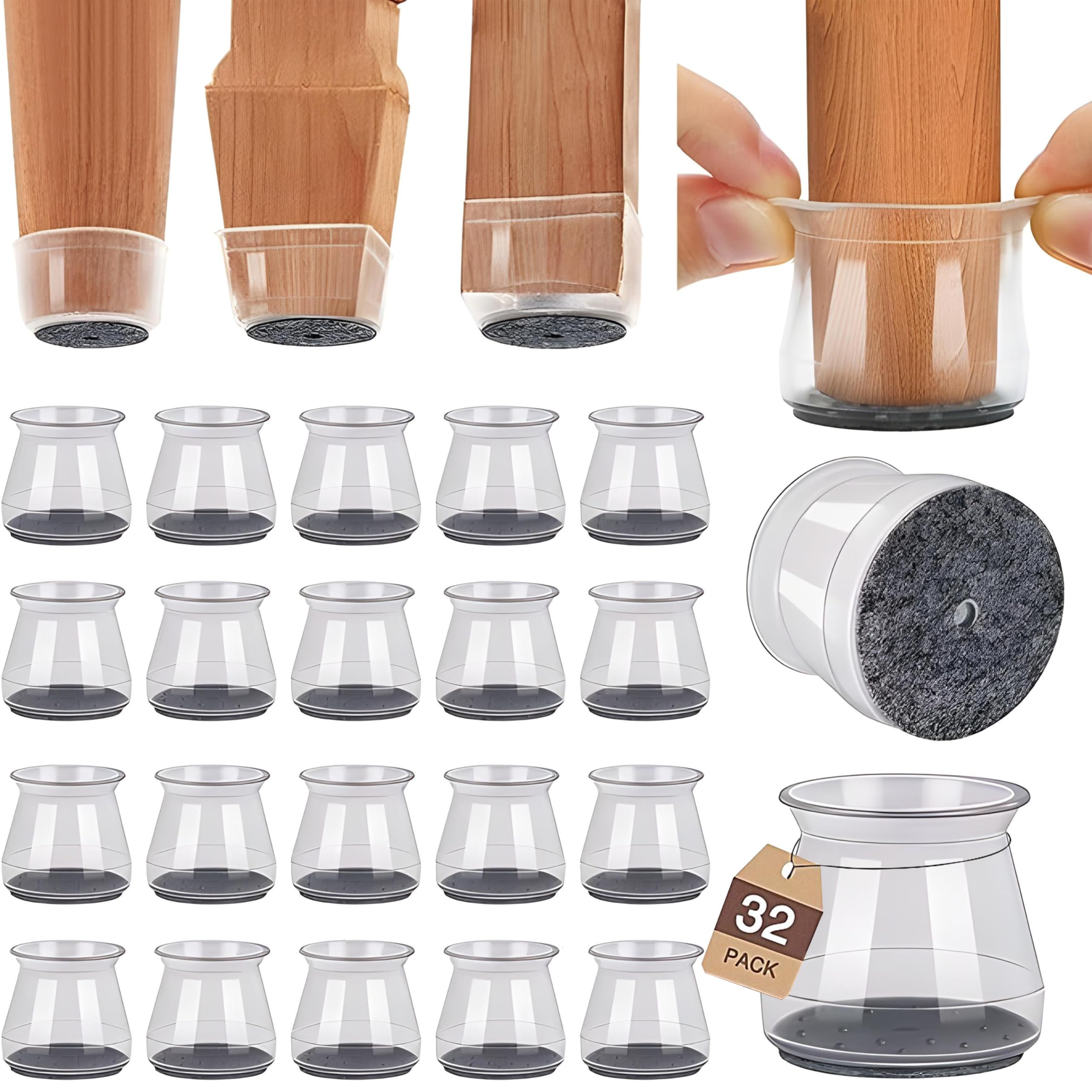 Tifanso Transparent 32Pcs Chair Leg Floor Protectors Cap For Hardwood Floors, Silicone Caps With Felt Pads,Floor Protectors For Indoor Furniture Legs+Tiles+Carpet+Wood (Small 20-28 Mm)