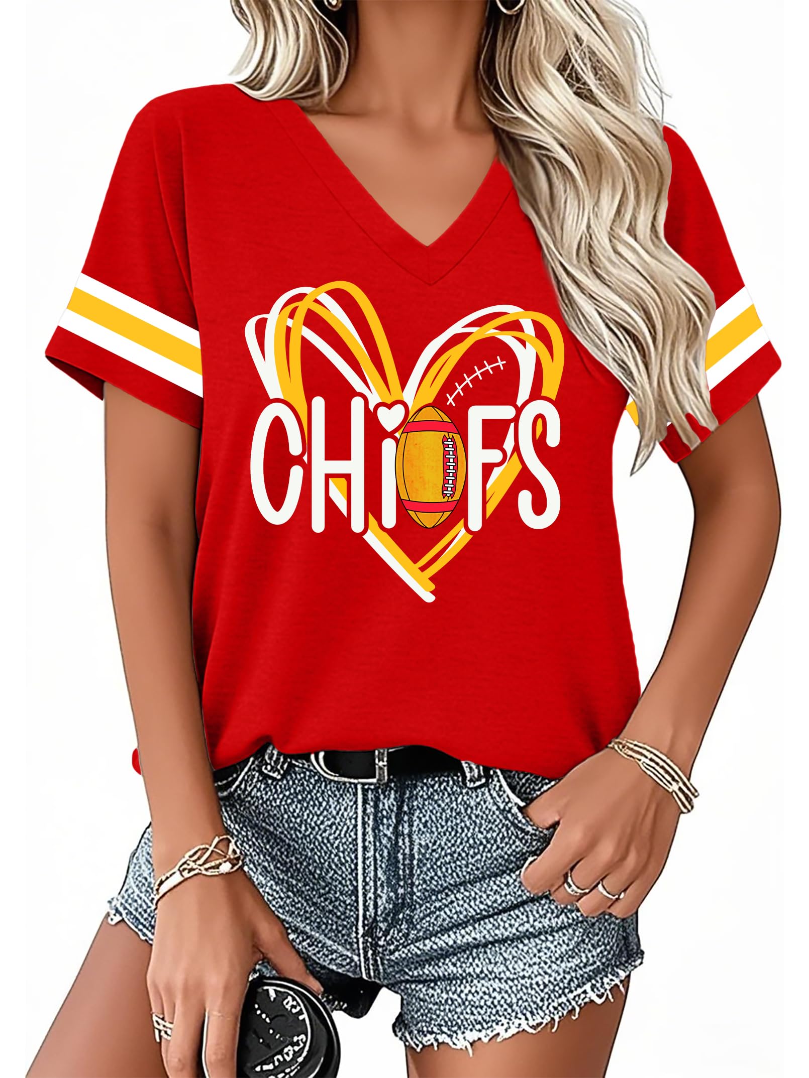 Football Shirts for Women Game Day T Shirt Funny Football Mom V Neck Tshirt Casual Short Sleeve Tops