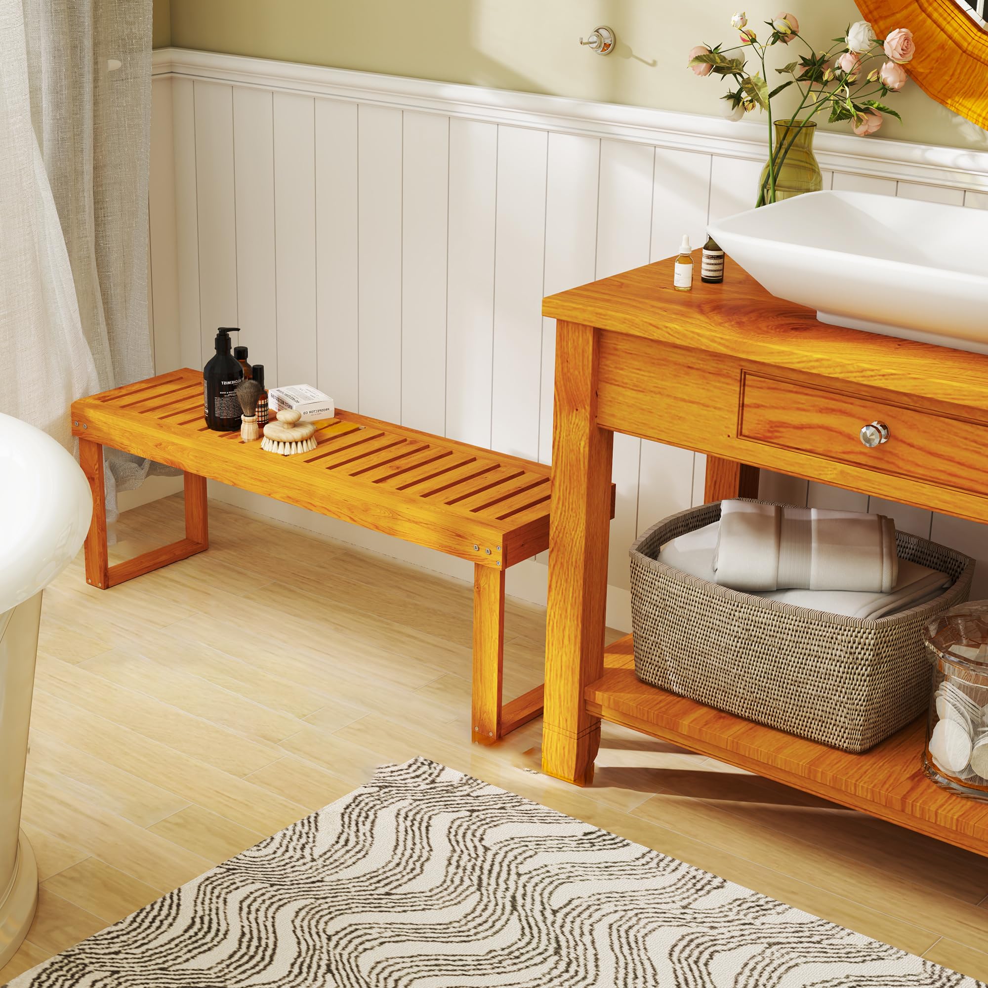 Outsunny Banc de Jardin, Banc en Bois de pin 2 Places, Banquette de Jardin, Assise à Lattes, 132 x 34 x 43 cm, Bois Naturel