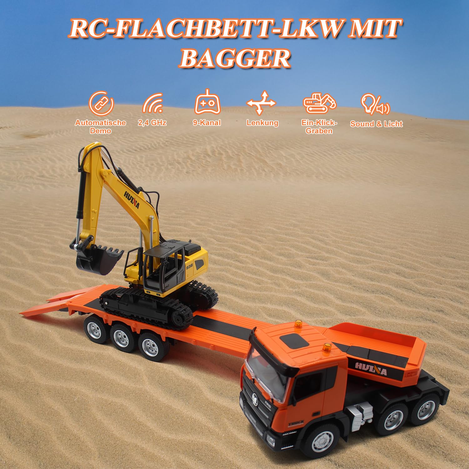 fisca RC Semi Camion et pelleteuse, 2,4 GHz, télécommandé, camion à plateforme et pelleteuse, 1:24, avec son et lumières, convient aux véhicules de construction pour garçons (orange)