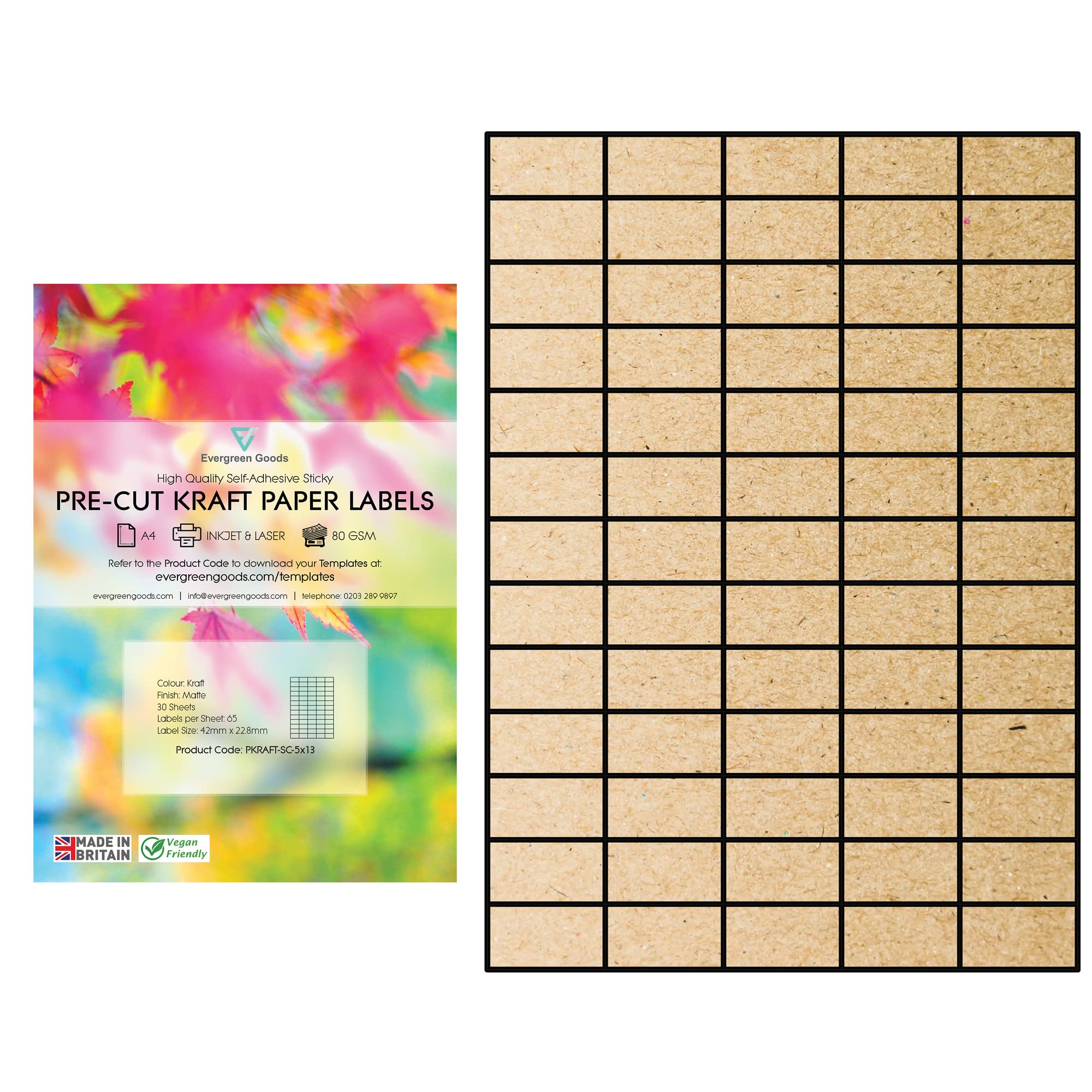 Evergreen Goods A4 Precut Kraft Matte Self Adhesive Paper | Inkjet & Laser Printable | Strong Sticky Back Multi Purpose Printing Labels | 5x13, 65 per A4: 1,950 Labels in Total | 30 Sheets